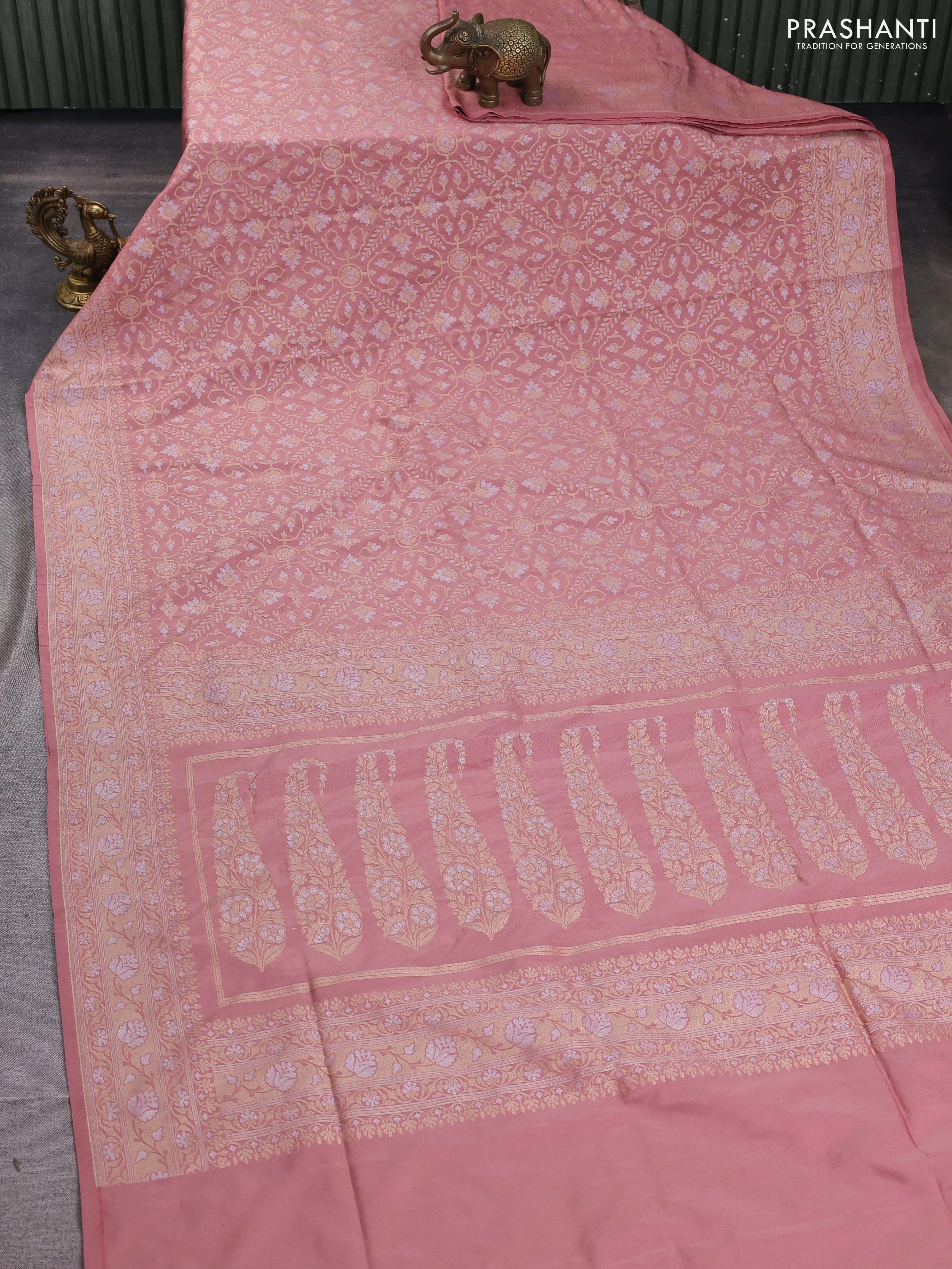 Banarasi semi katan silk saree peach shade with allover silver & gold zari weaves and zari woven border - Image 2