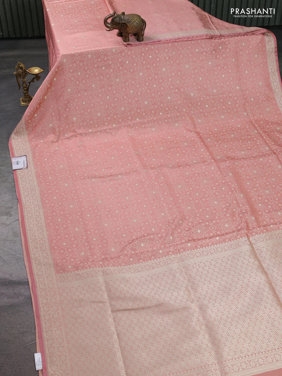 Banarasi semi katan silk saree peach shade with allover thread weaves & zari woven buttas and zari woven border - Image 2