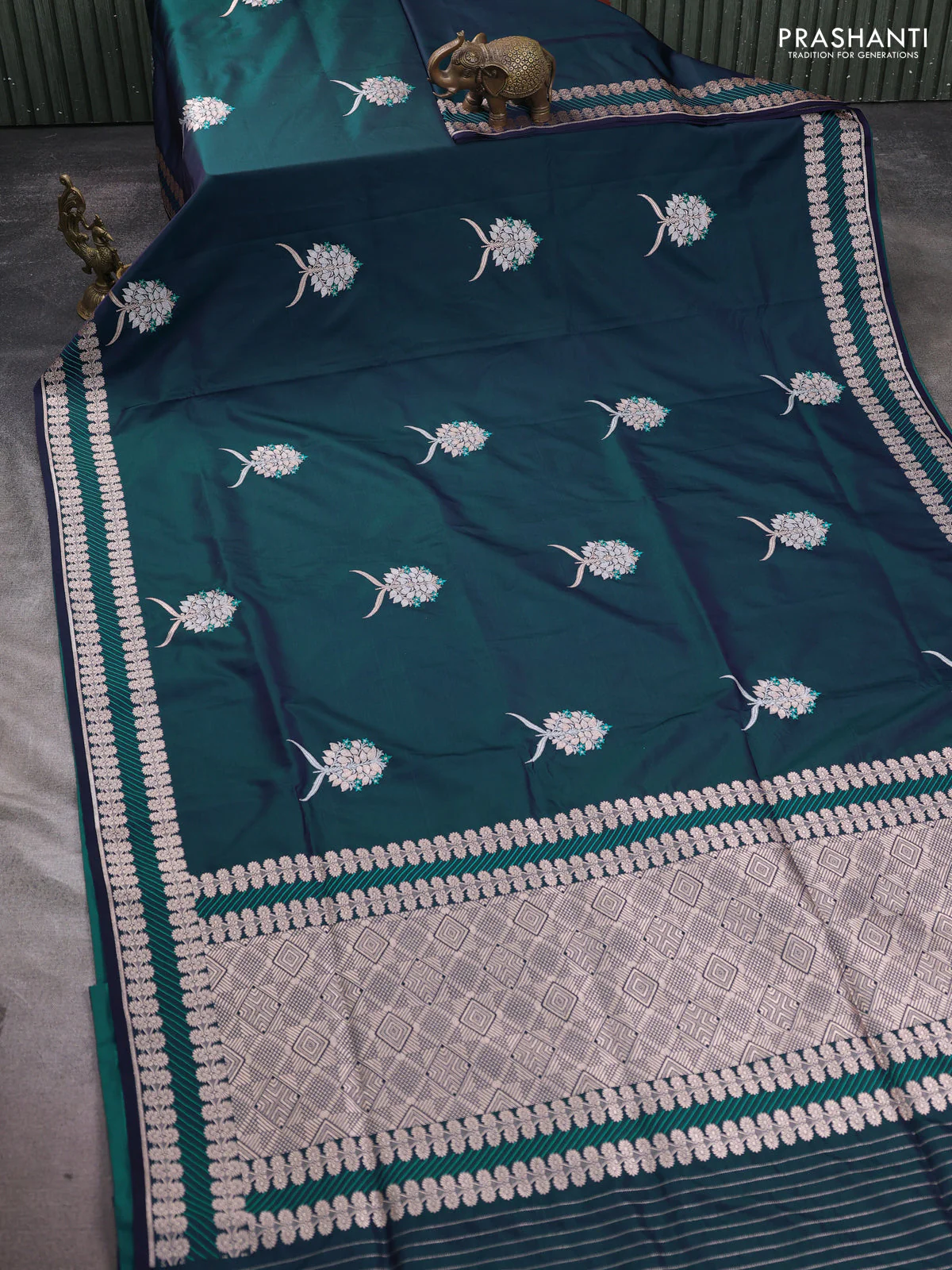 Banarasi semi katan silk saree peacock blue with thread & zari woven buttas and zari woven border - Image 2