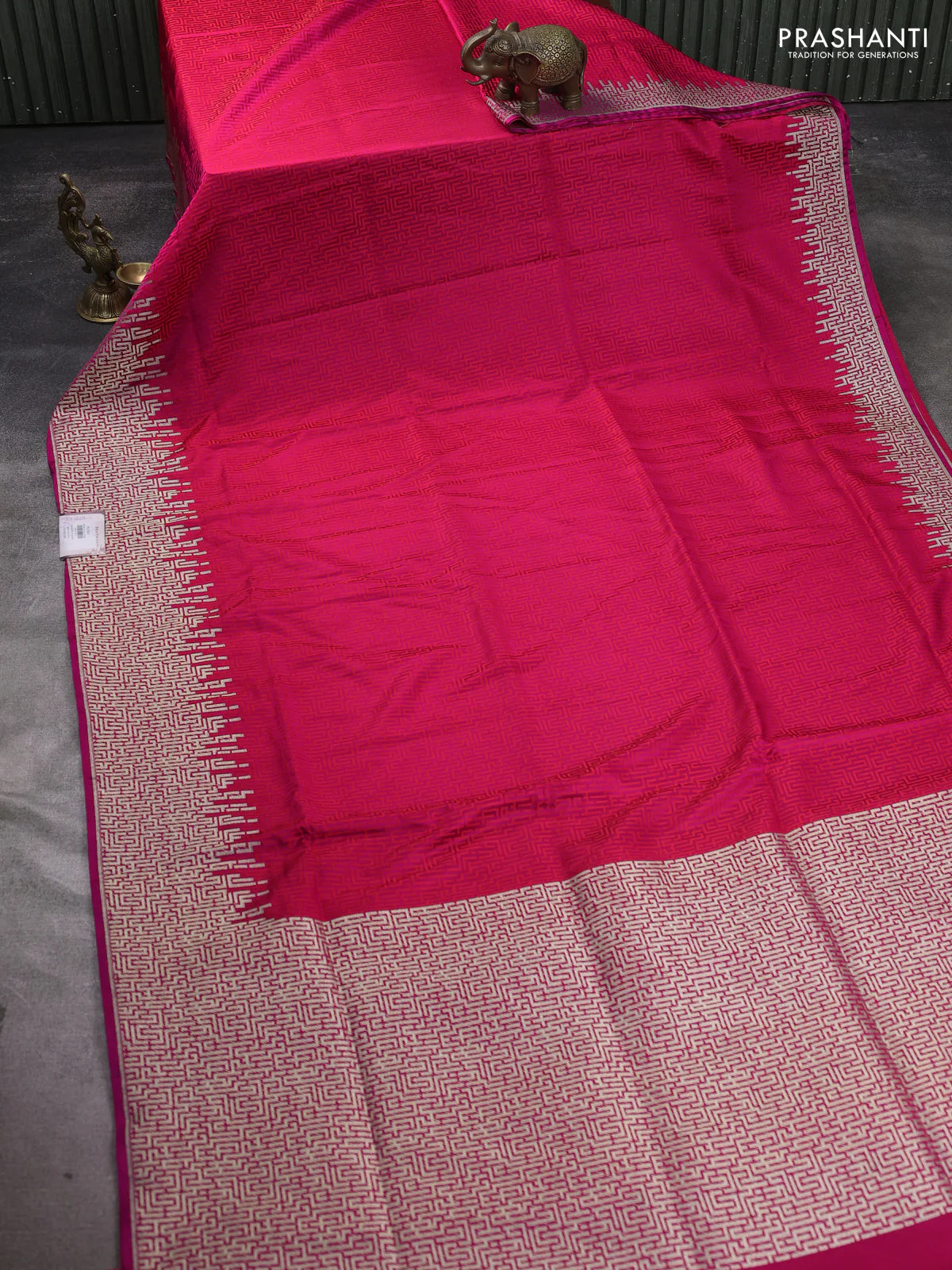 Banarasi semi katan silk saree pink with allover self emboss and zari woven border - Image 2