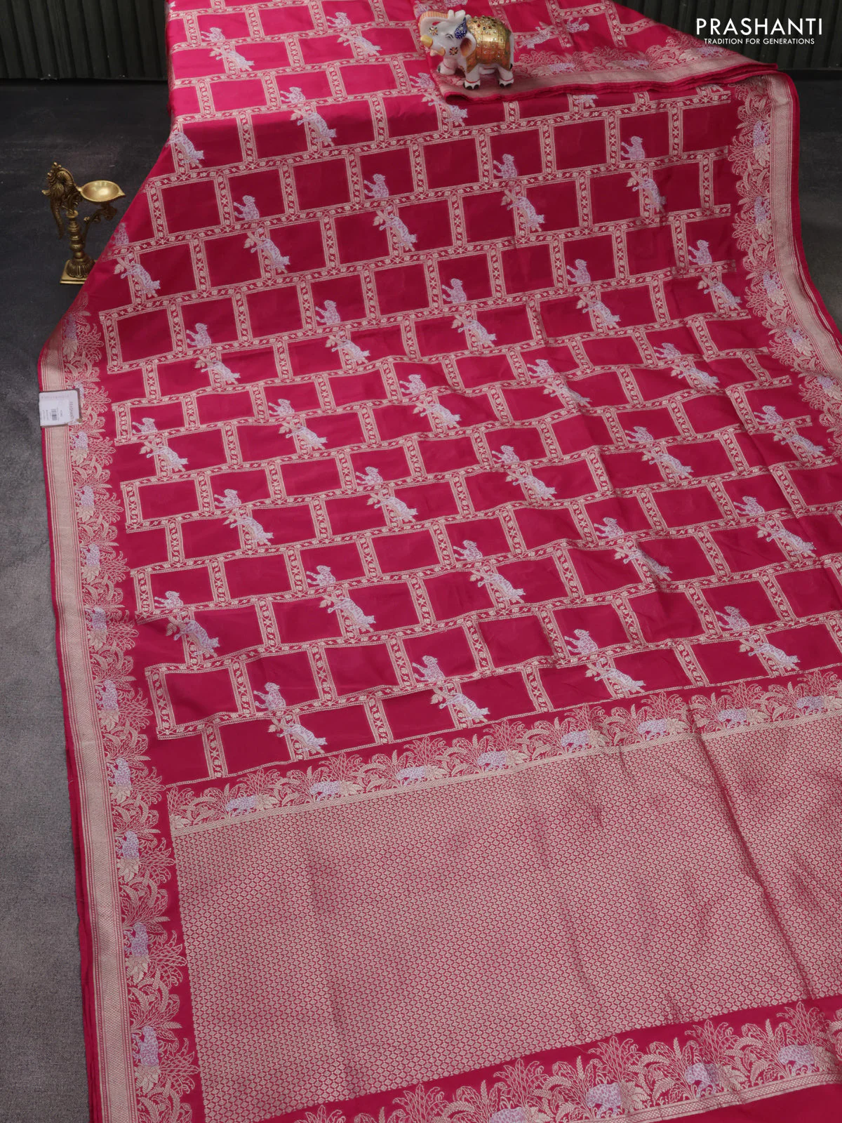 Banarasi semi katan silk saree pink with allover silver & gold zari weaves and zari woven border - Image 2