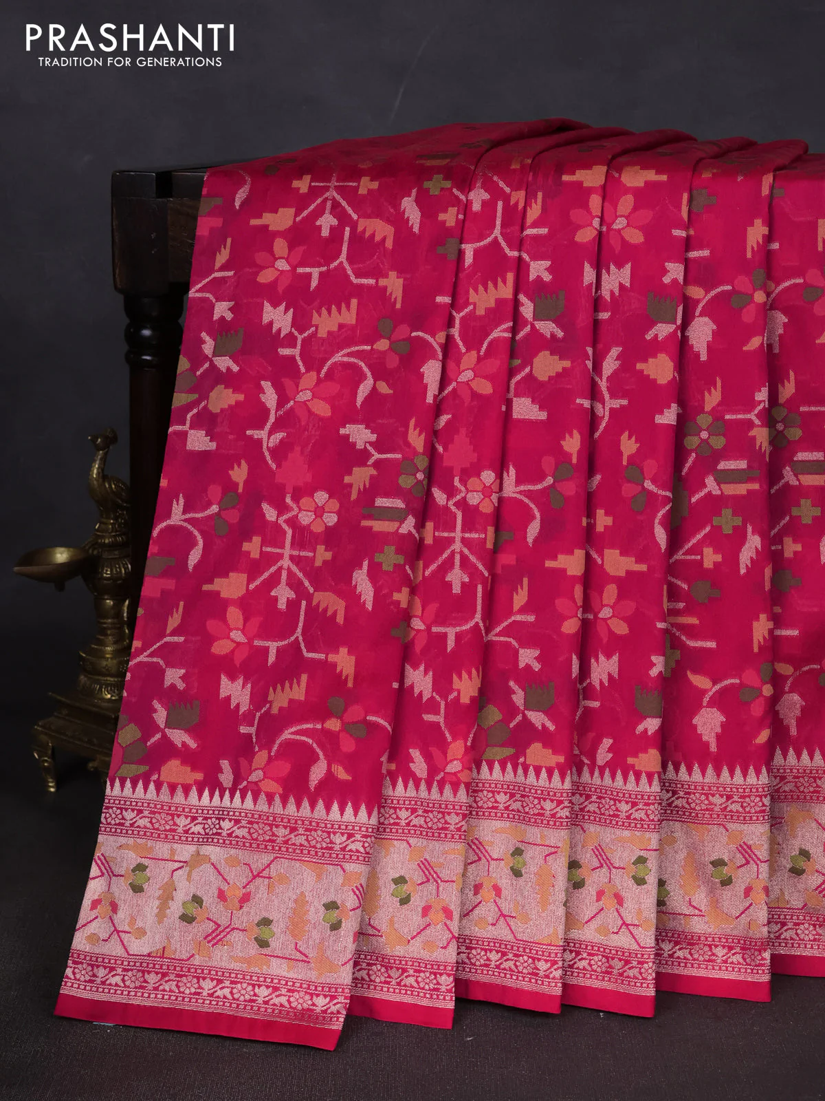 Banarasi semi katan silk saree pink with allover thread & zari jamdhani weaves and zari woven border