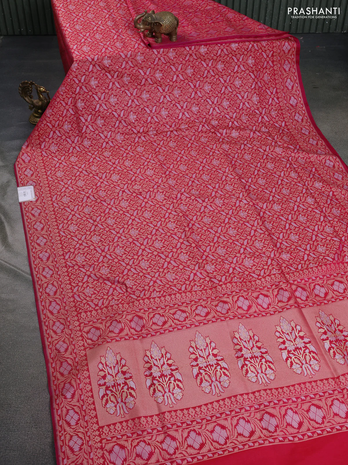 Banarasi semi katan silk saree pink with allover zari woven brocade weaves and zari woven border - Image 2