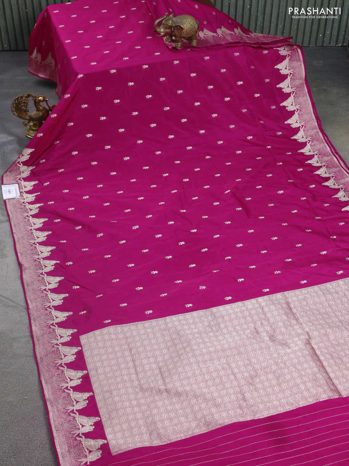 Banarasi semi katan silk saree pink with allover zari woven buttas and parrot design zari woven border - Image 2