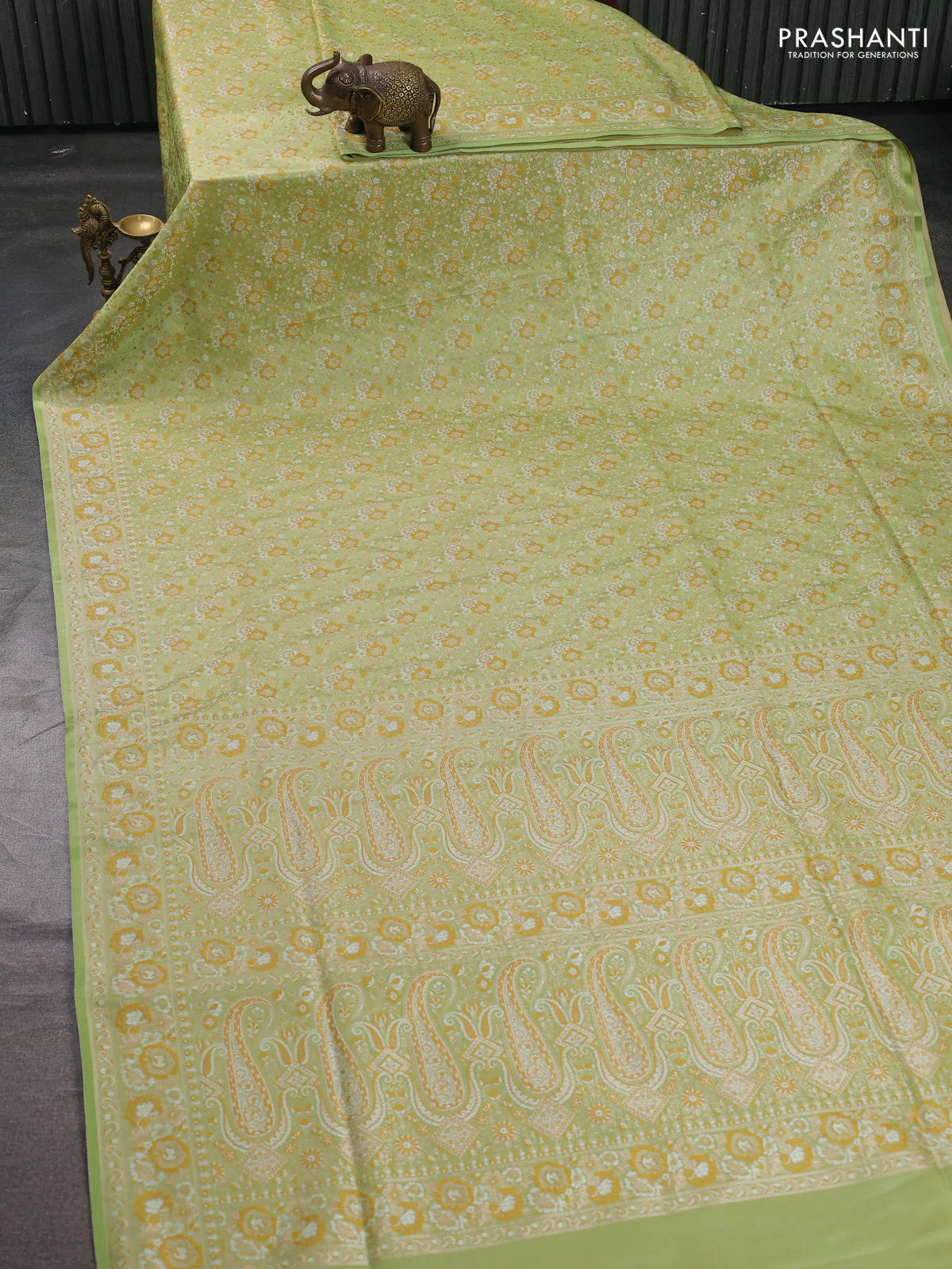 Banarasi semi katan silk saree pista green with allover thread brocade weaves and thread woven border - Image 2