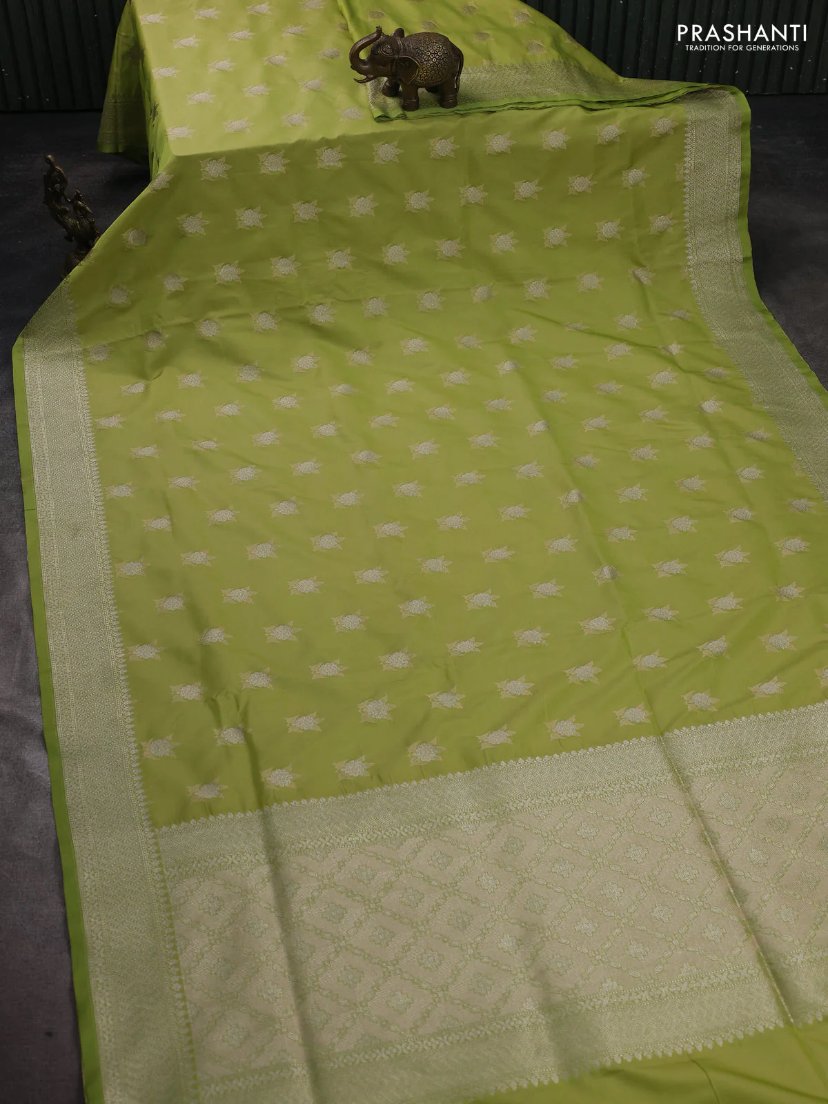 Banarasi semi katan silk saree pista green with allover thread & zari woven buttas and zari woven border - Image 2