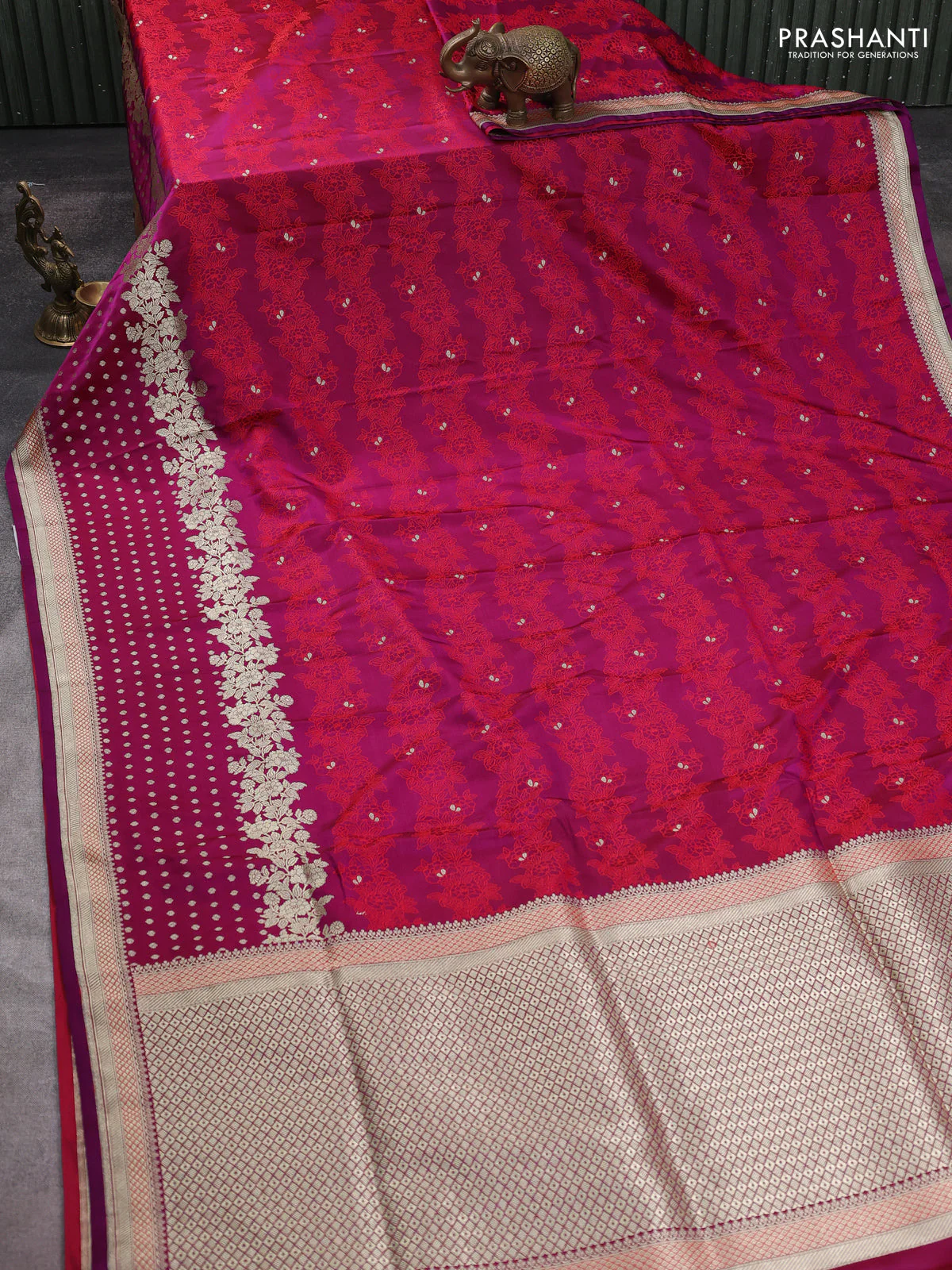 Banarasi semi katan silk saree purple with allover floral self emboss & zari woven buttas and zari woven border - Image 2