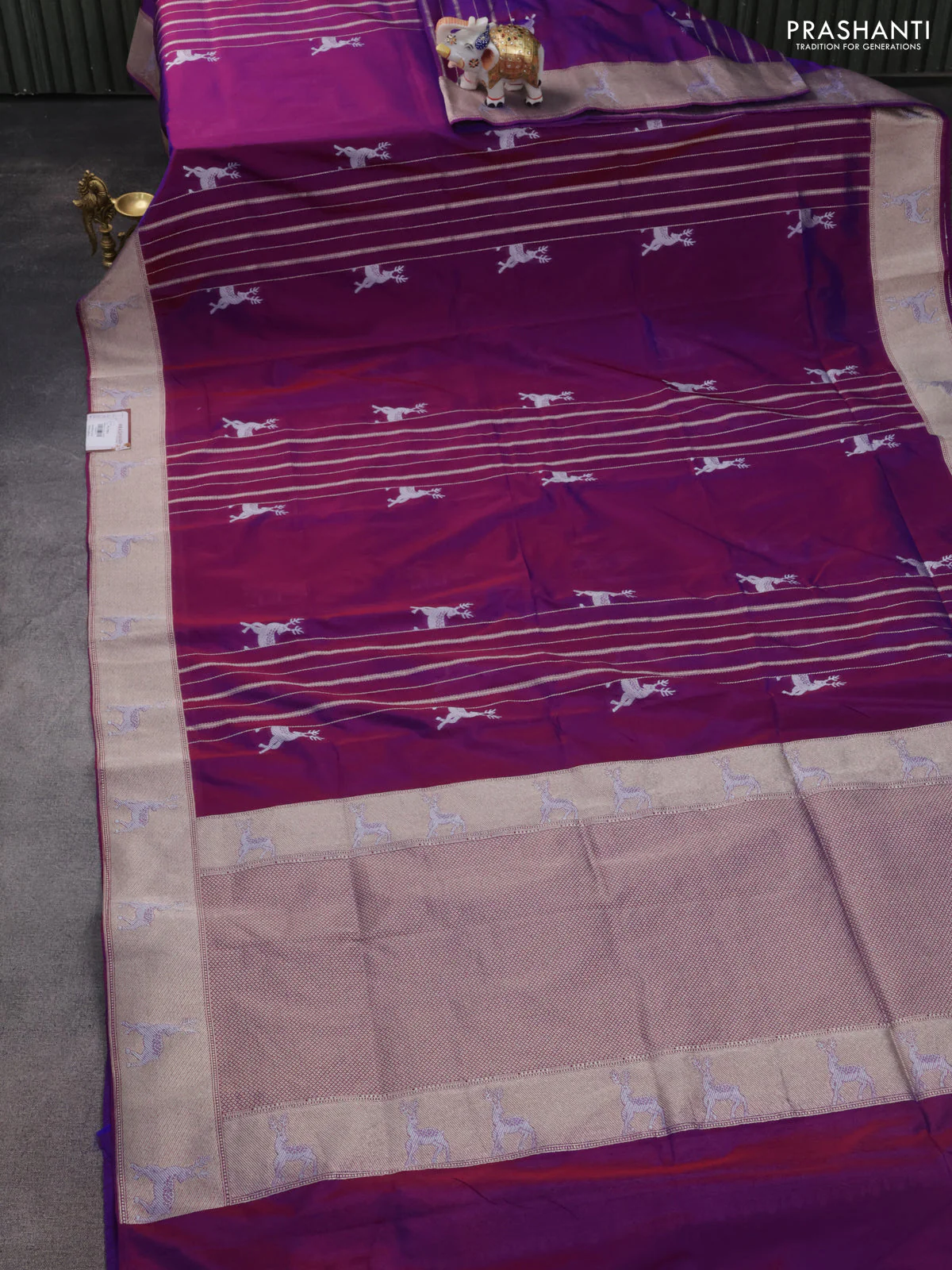 Banarasi semi katan silk saree purple with allover silver & gold zari weaves and deer design zari woven border - Image 2