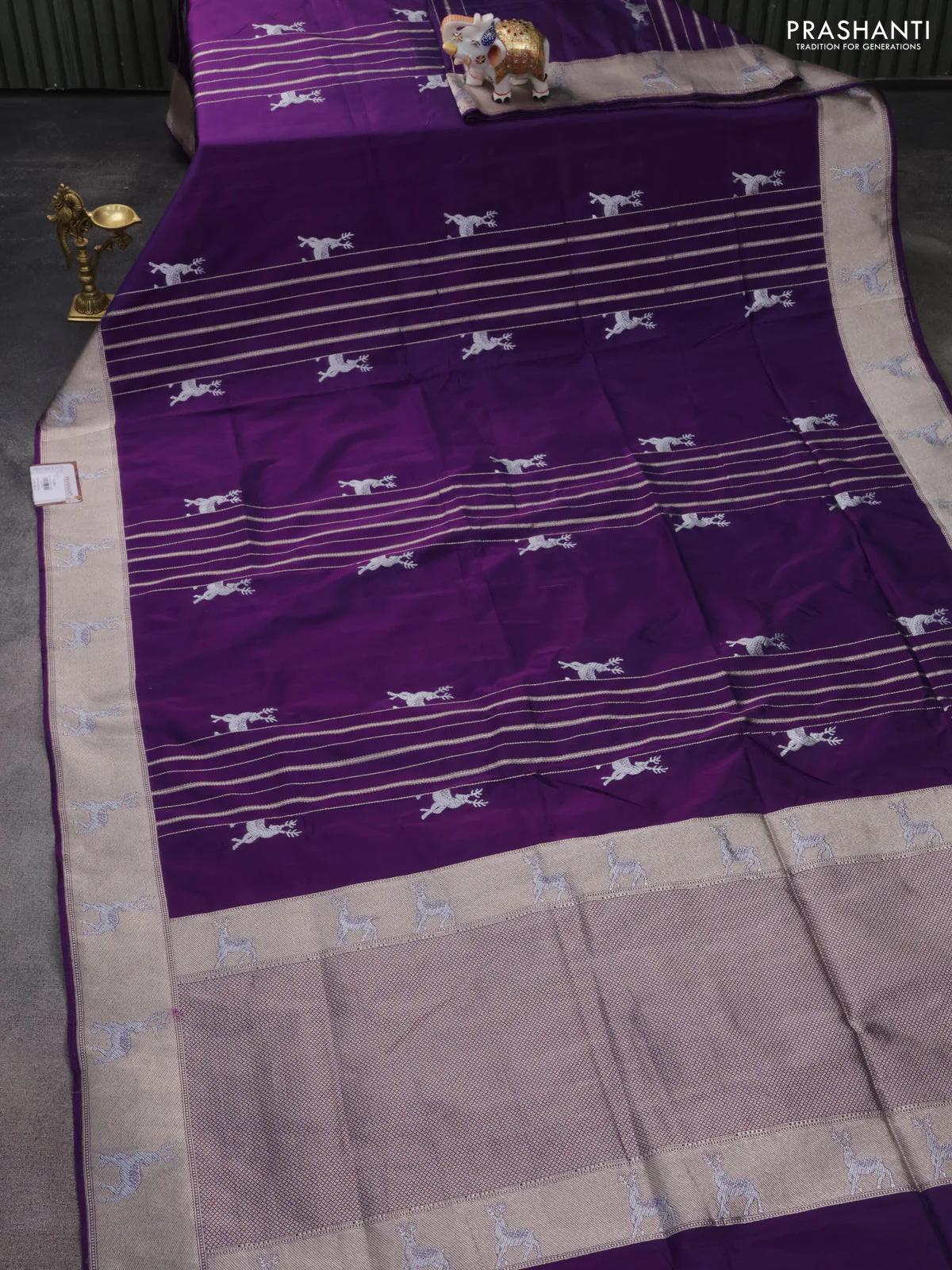 Banarasi semi katan silk saree purple with allover silver & gold zari weaves and deer design zari woven border - Image 2