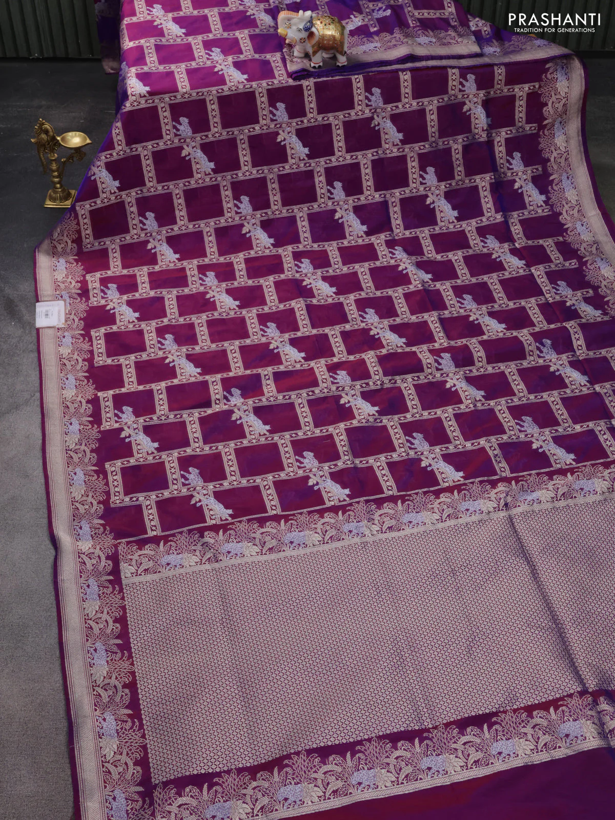 Banarasi semi katan silk saree purple with allover silver & gold zari weaves and zari woven border - Image 2