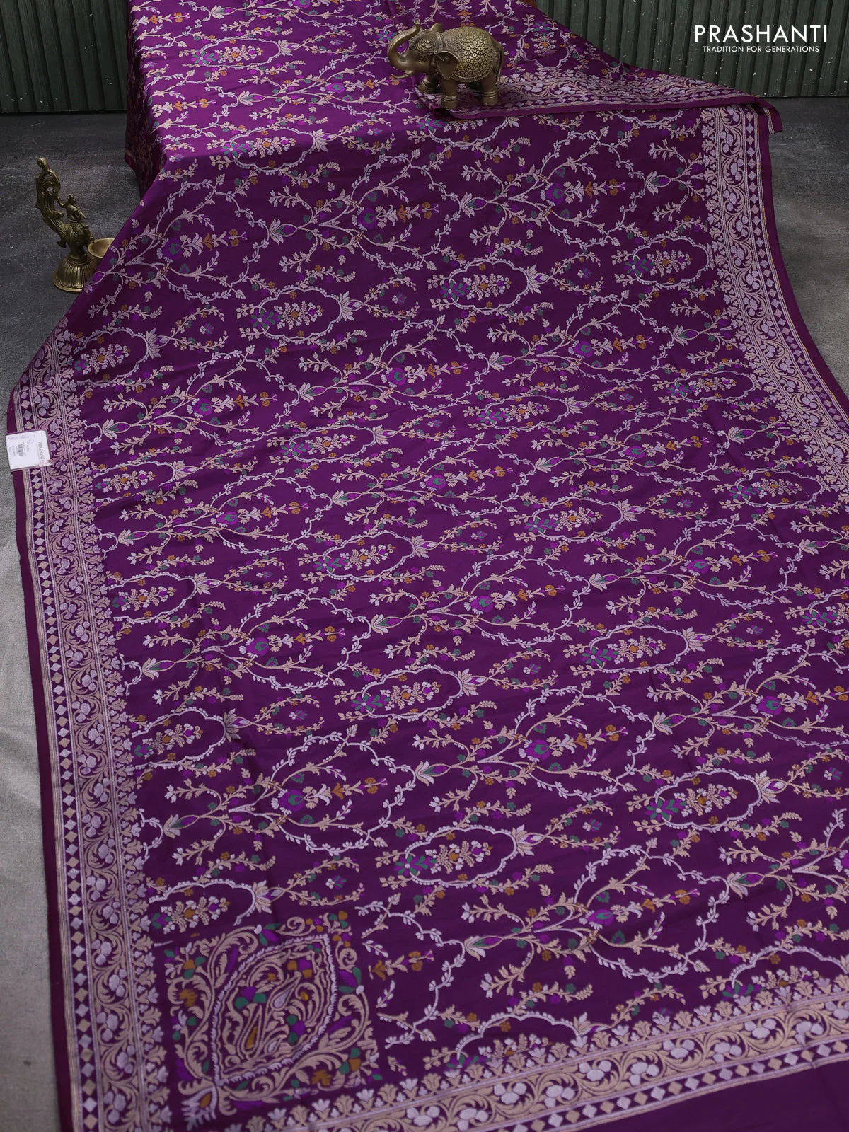 Banarasi semi katan silk saree purple with allover silver & zari weaves and zari woven border - Image 2