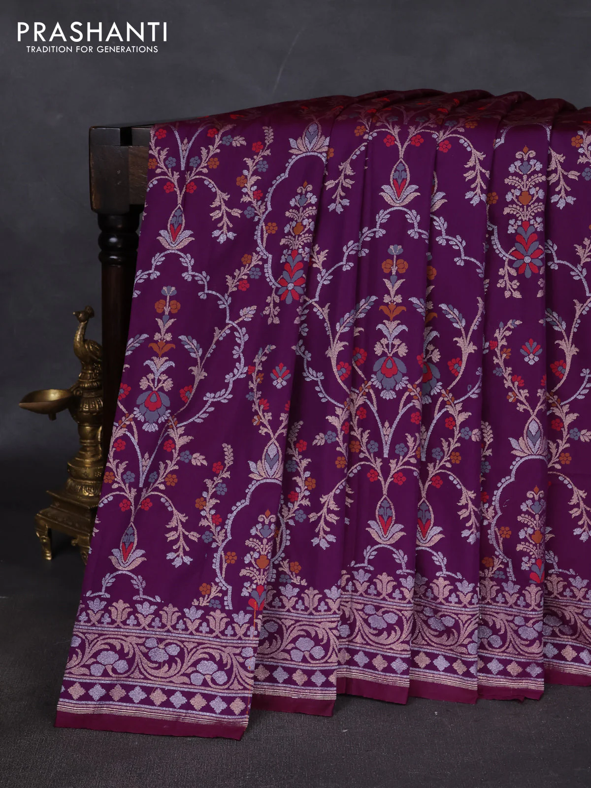 Banarasi semi katan silk saree purple with allover silver & zari weaves and zari woven border