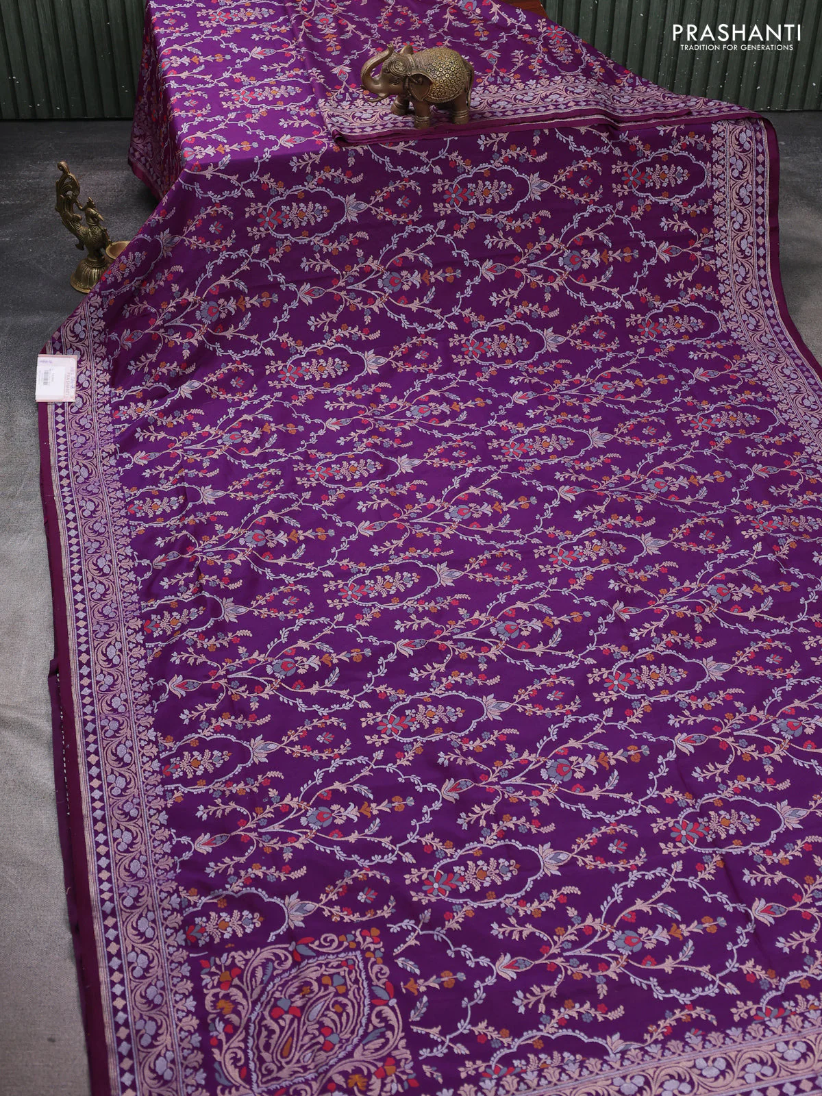 Banarasi semi katan silk saree purple with allover silver & zari weaves and zari woven border - Image 2