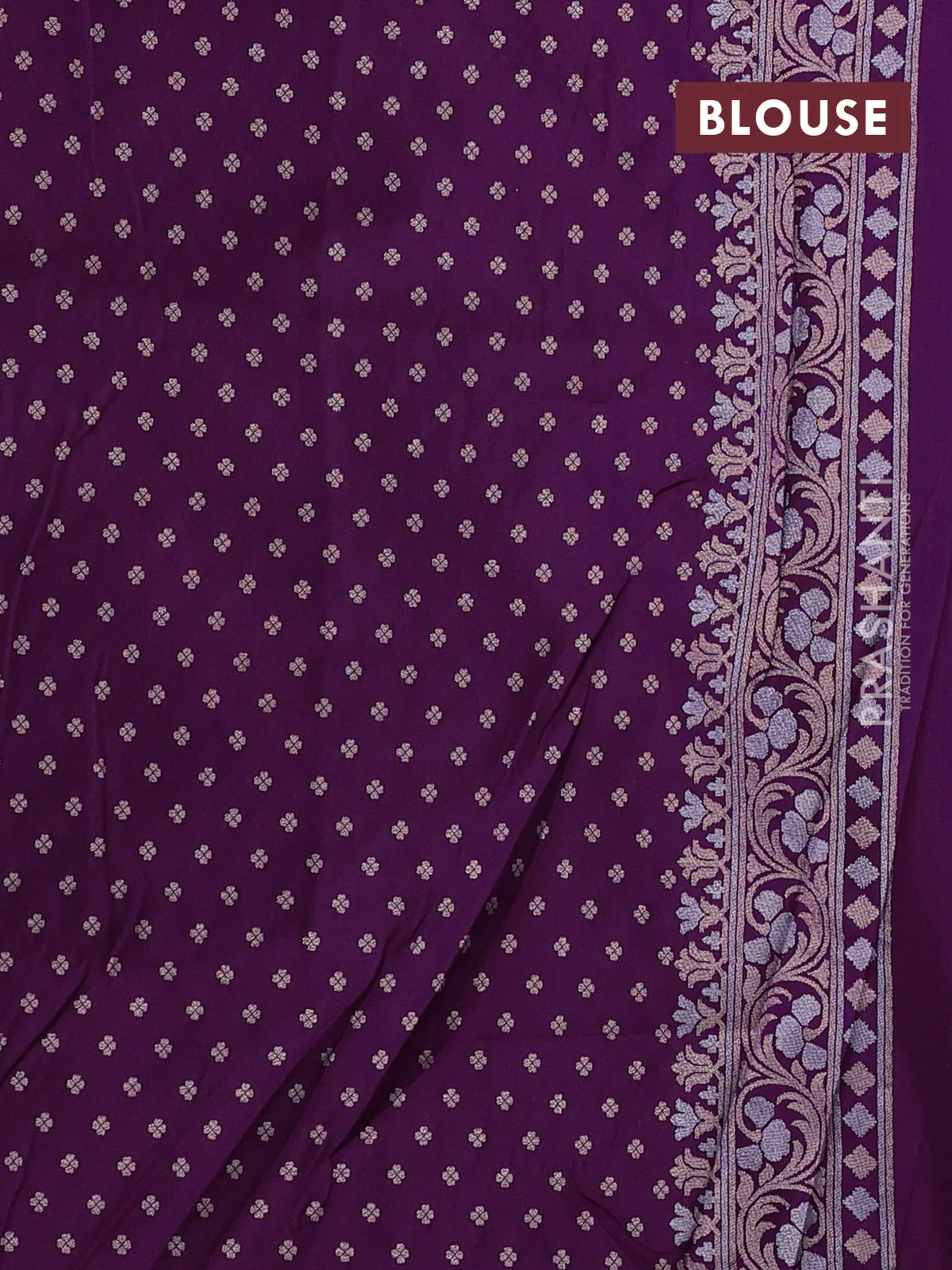 Banarasi semi katan silk saree purple with allover silver & zari weaves and zari woven border - Image 3