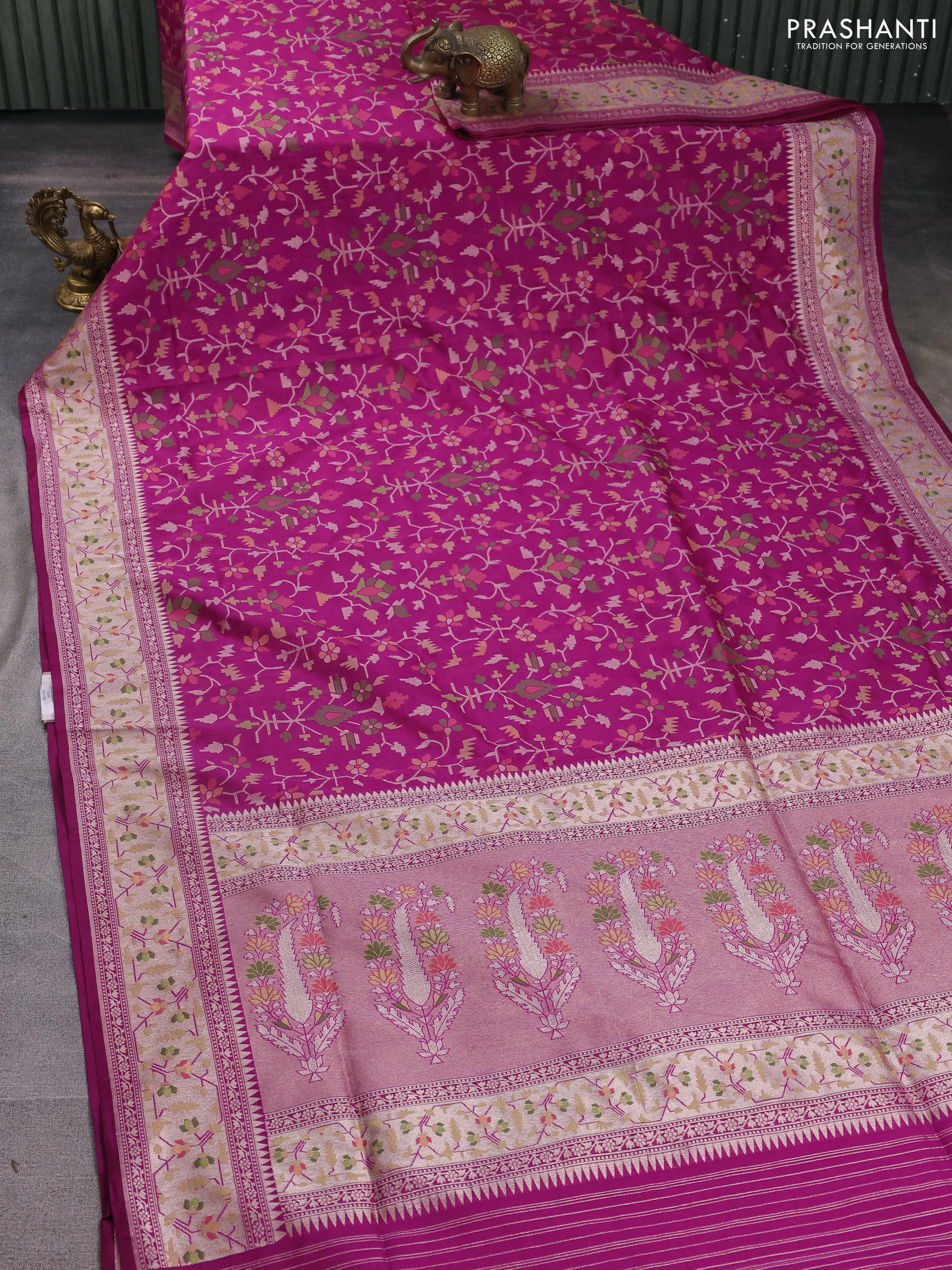 Banarasi semi katan silk saree purple with allover thread & zari jamdhani weaves and zari woven border - Image 2