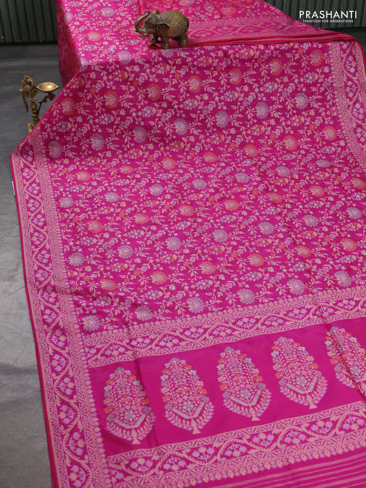 Banarasi semi katan silk saree purple with allover thread & zari weaves and zari woven border - Image 2