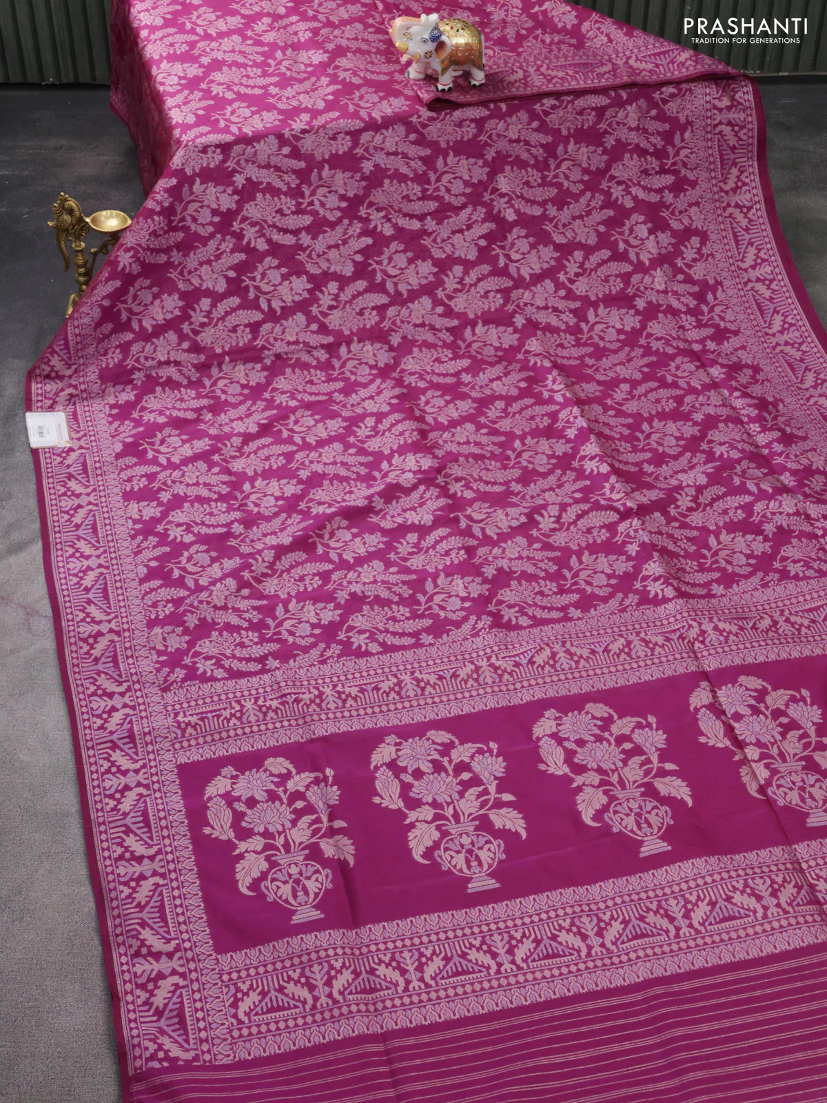 Banarasi semi katan silk saree purple with allover zari weaves and zari woven border - Image 2