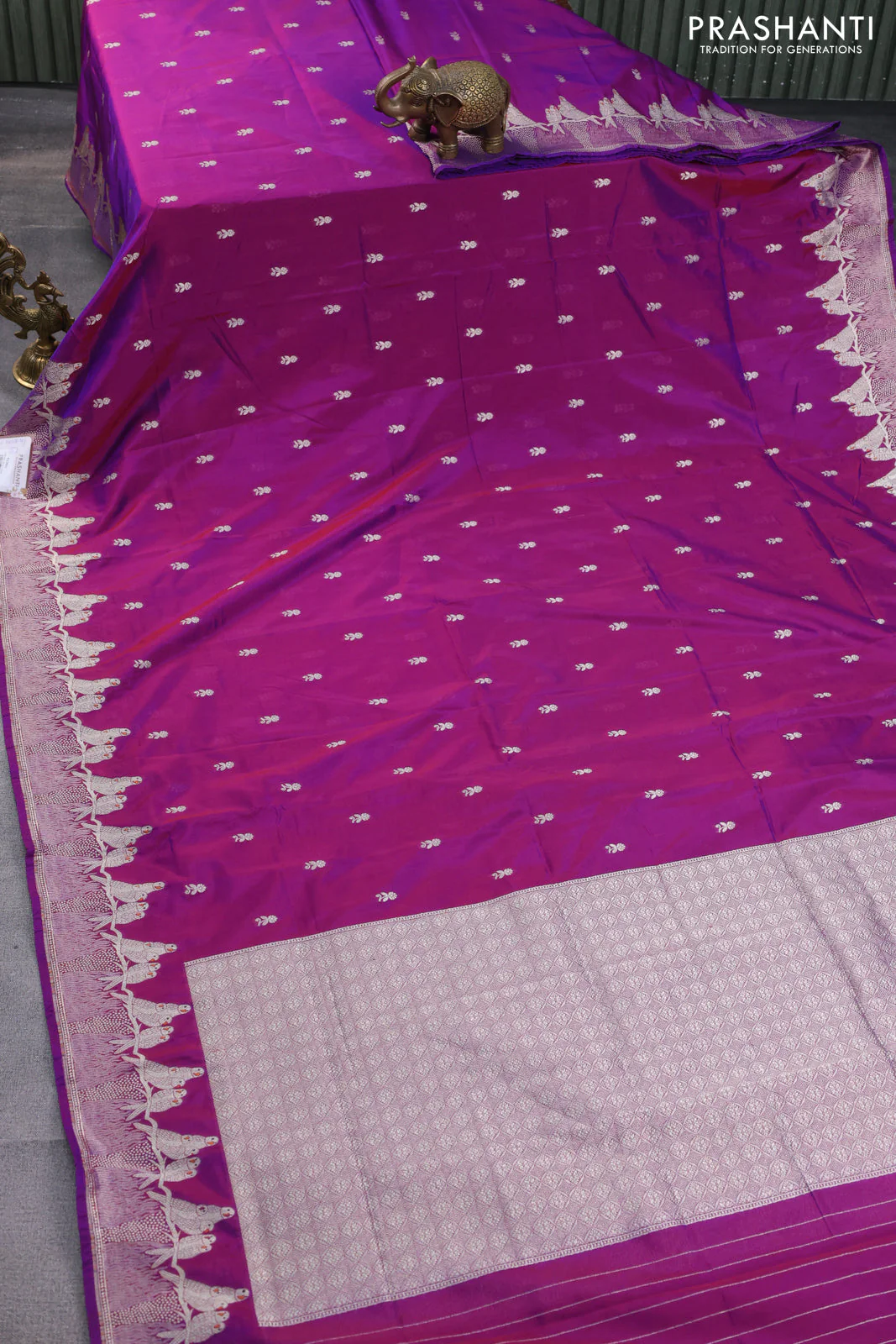 Banarasi semi katan silk saree purple with allover zari woven buttas and parrot design zari woven border - Image 2