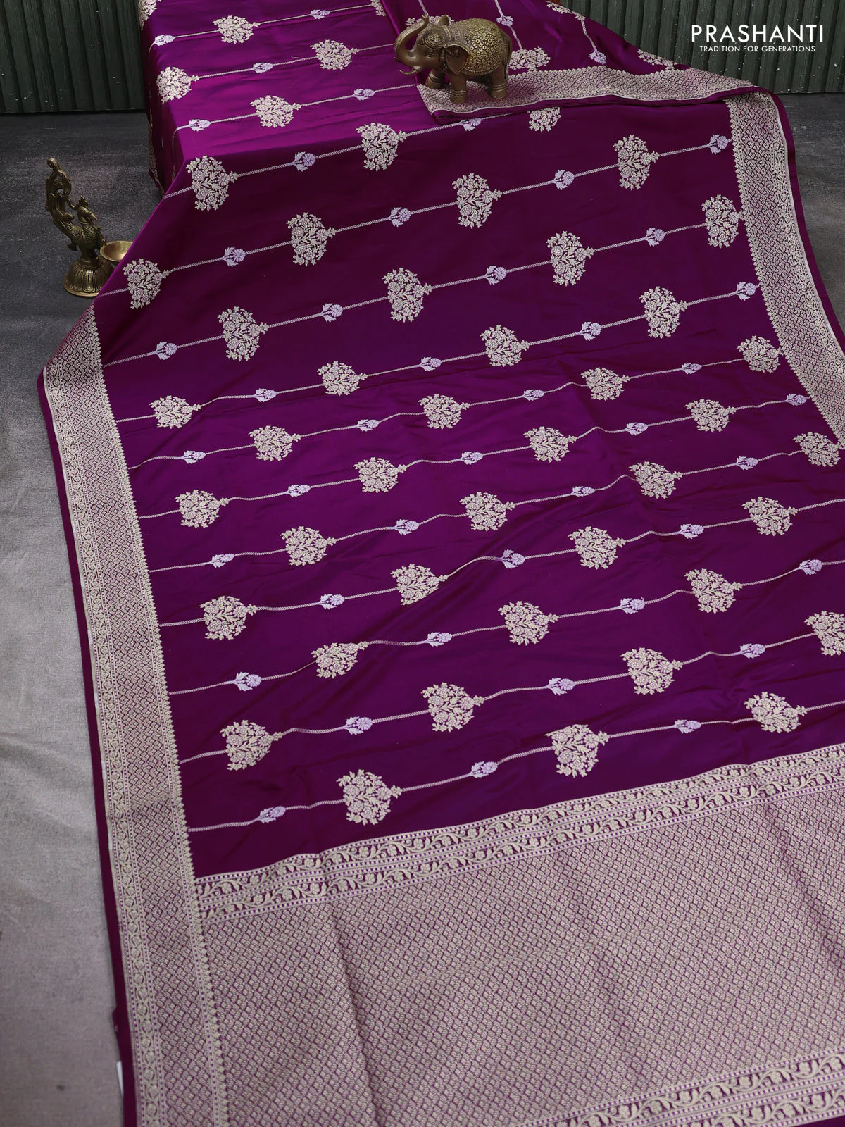 Banarasi semi katan silk saree purple with alover zari weaves and zari woven border - Image 2