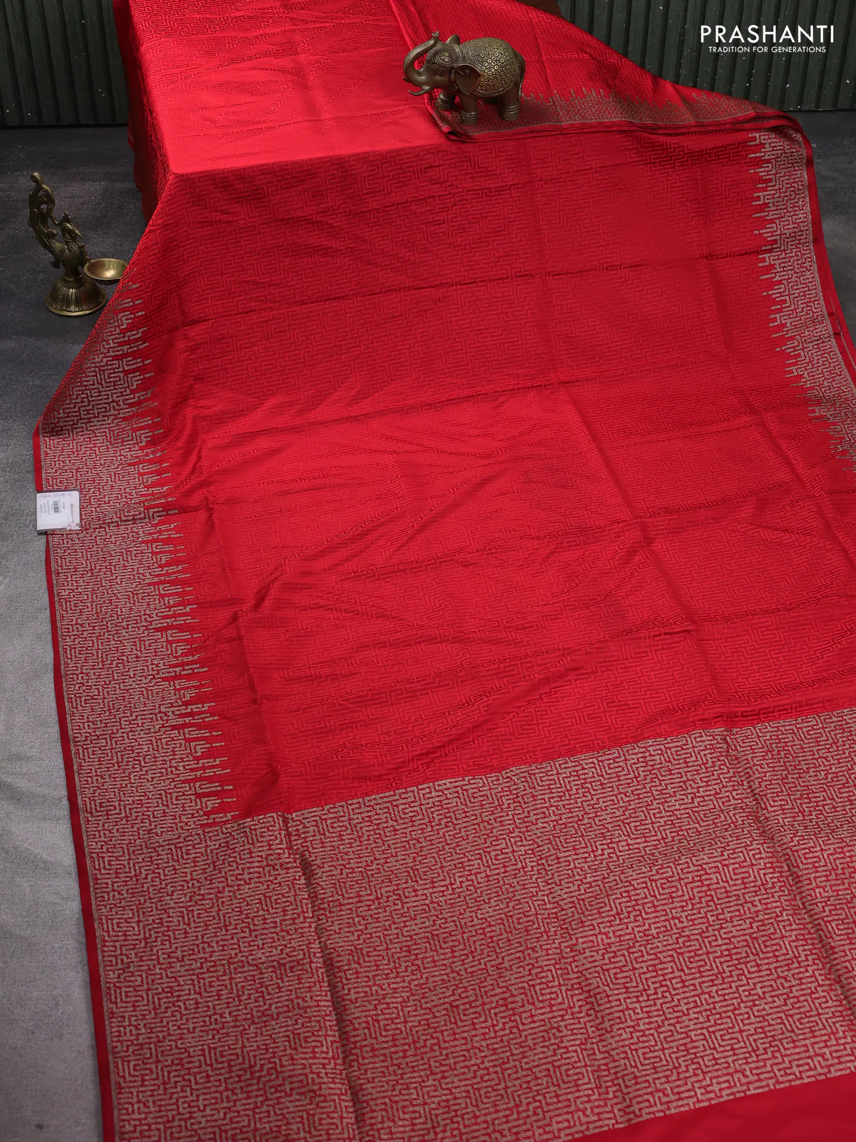 Banarasi semi katan silk saree red with allover self emboss and zari woven border - Image 2