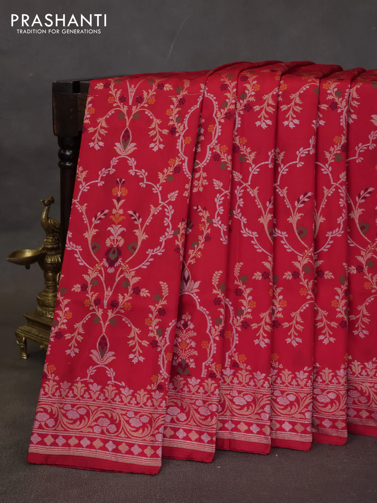 Banarasi semi katan silk saree red with allover silver & zari weaves and zari woven border