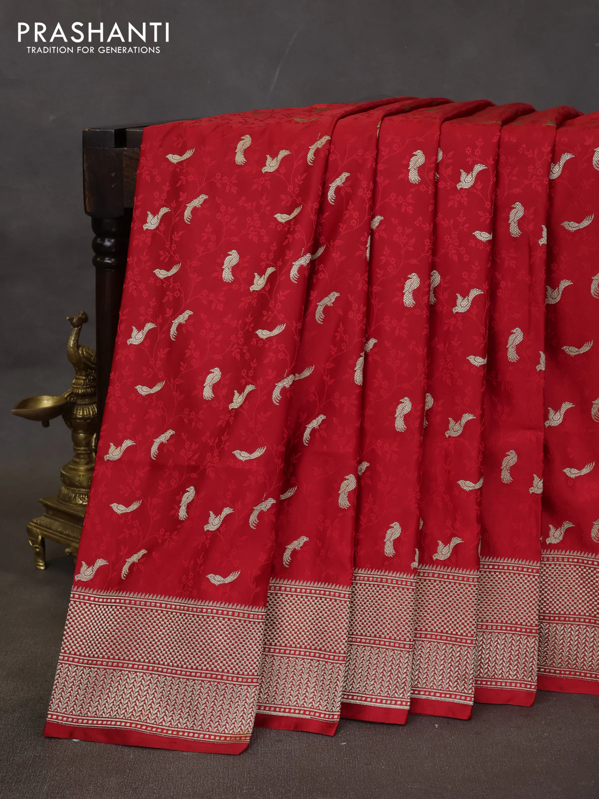 Banarasi semi katan silk saree red with allover thread weaves & zari woven border and zari woven border