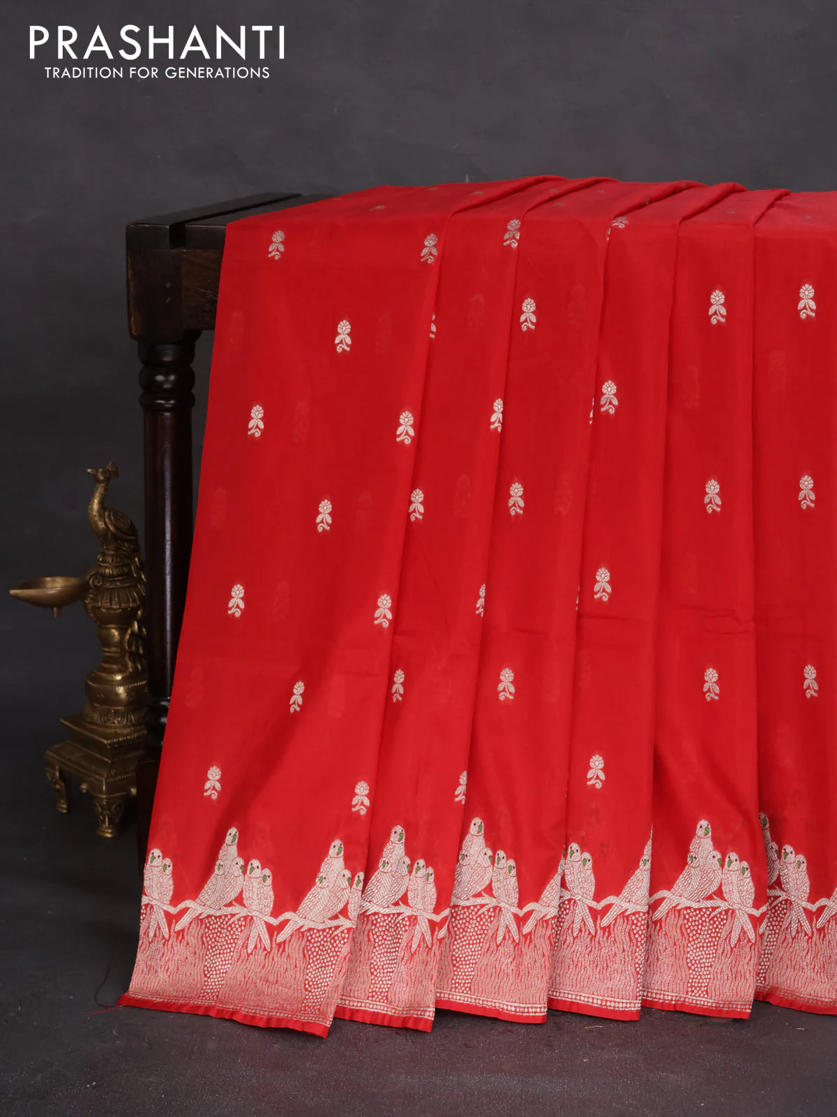 Banarasi semi katan silk saree red with allover zari woven buttas and parrot design zari woven border