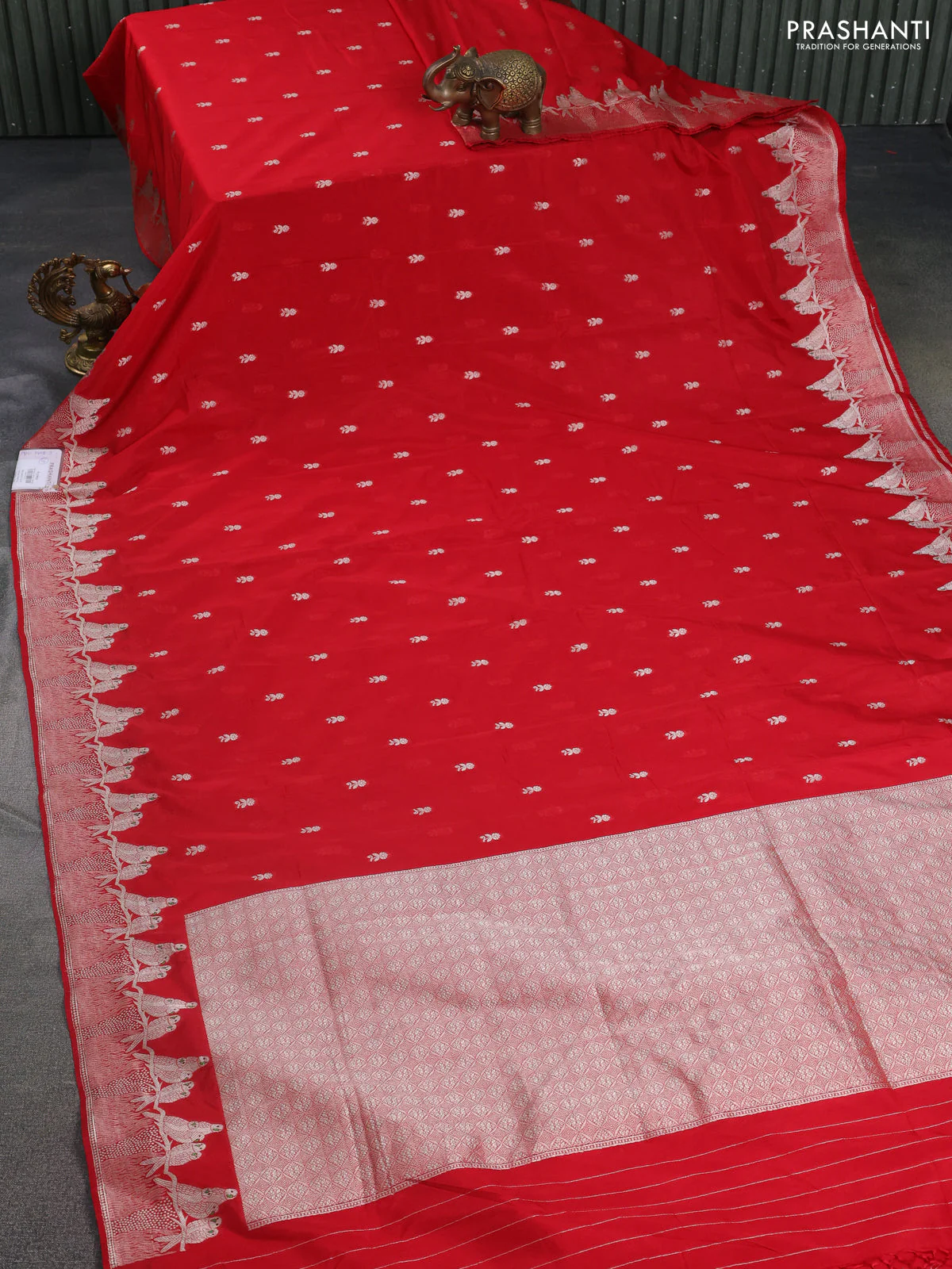 Banarasi semi katan silk saree red with allover zari woven buttas and parrot design zari woven border - Image 2