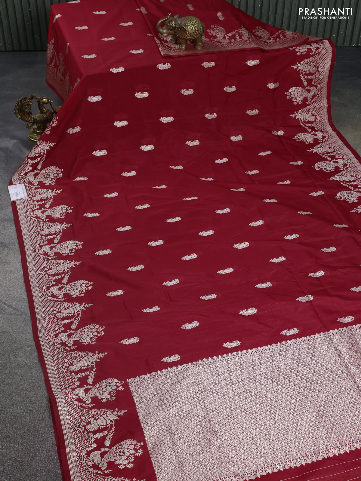 Banarasi semi katan silk saree red with zari woven buttas and rich zari woven border - Image 2
