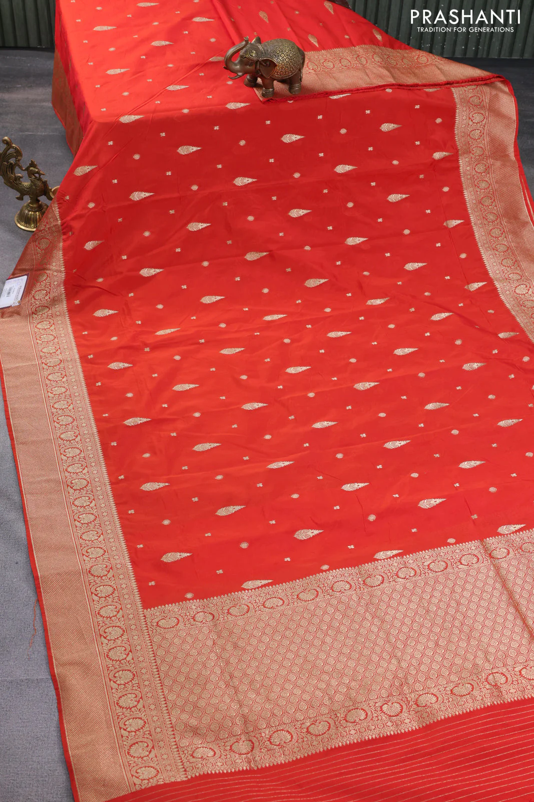 Banarasi semi katan silk saree red with zari woven buttas and rich zari woven border - Image 2