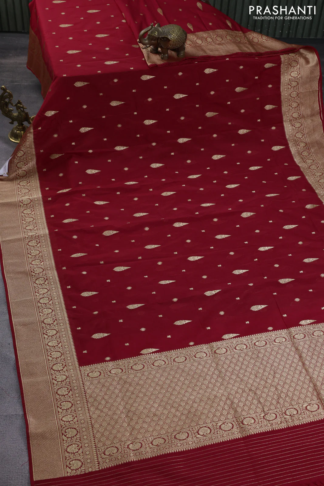 Banarasi semi katan silk saree red with zari woven buttas and rich zari woven border - Image 2