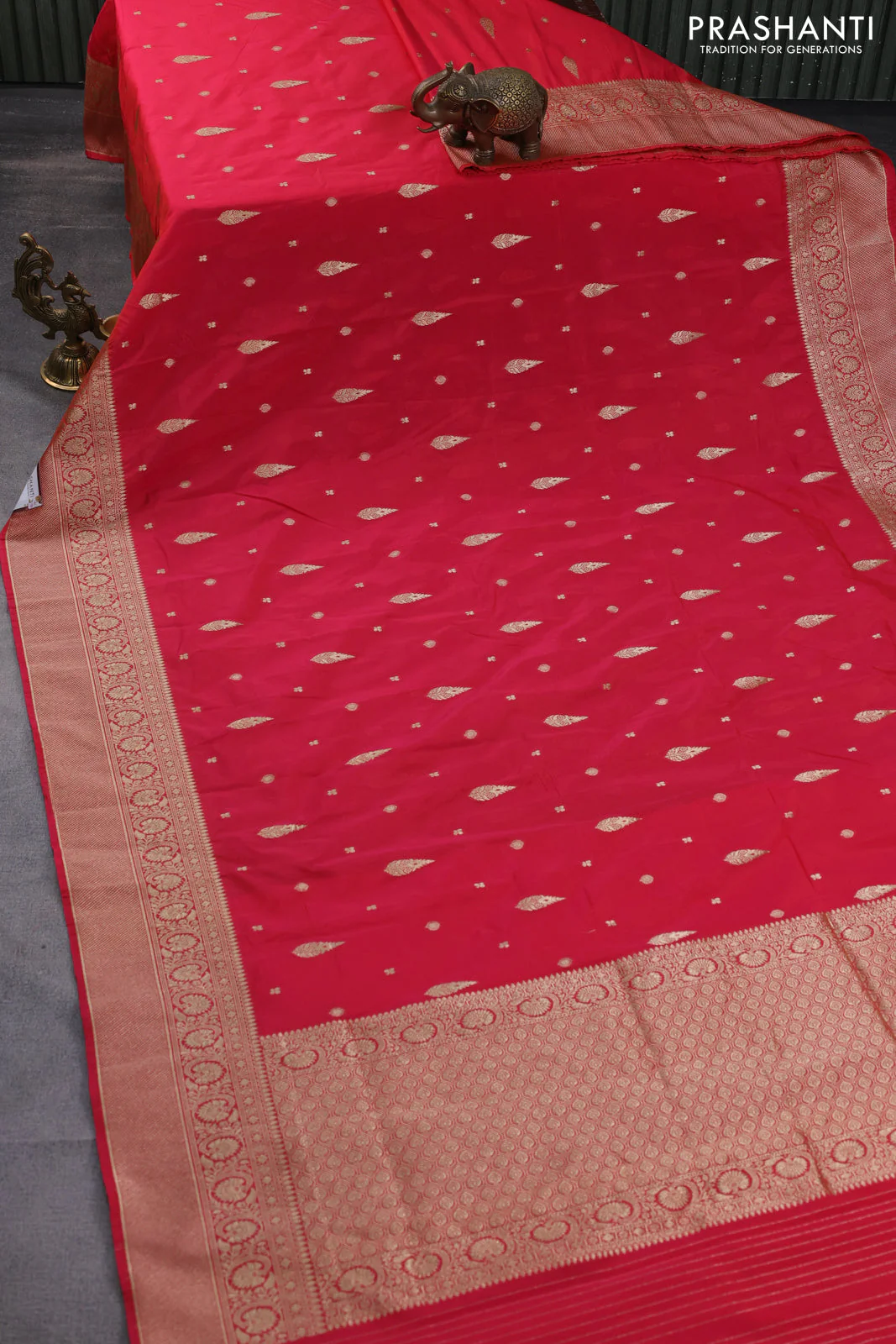 Banarasi semi katan silk saree reddish pink with zari woven buttas and rich zari woven border - Image 2