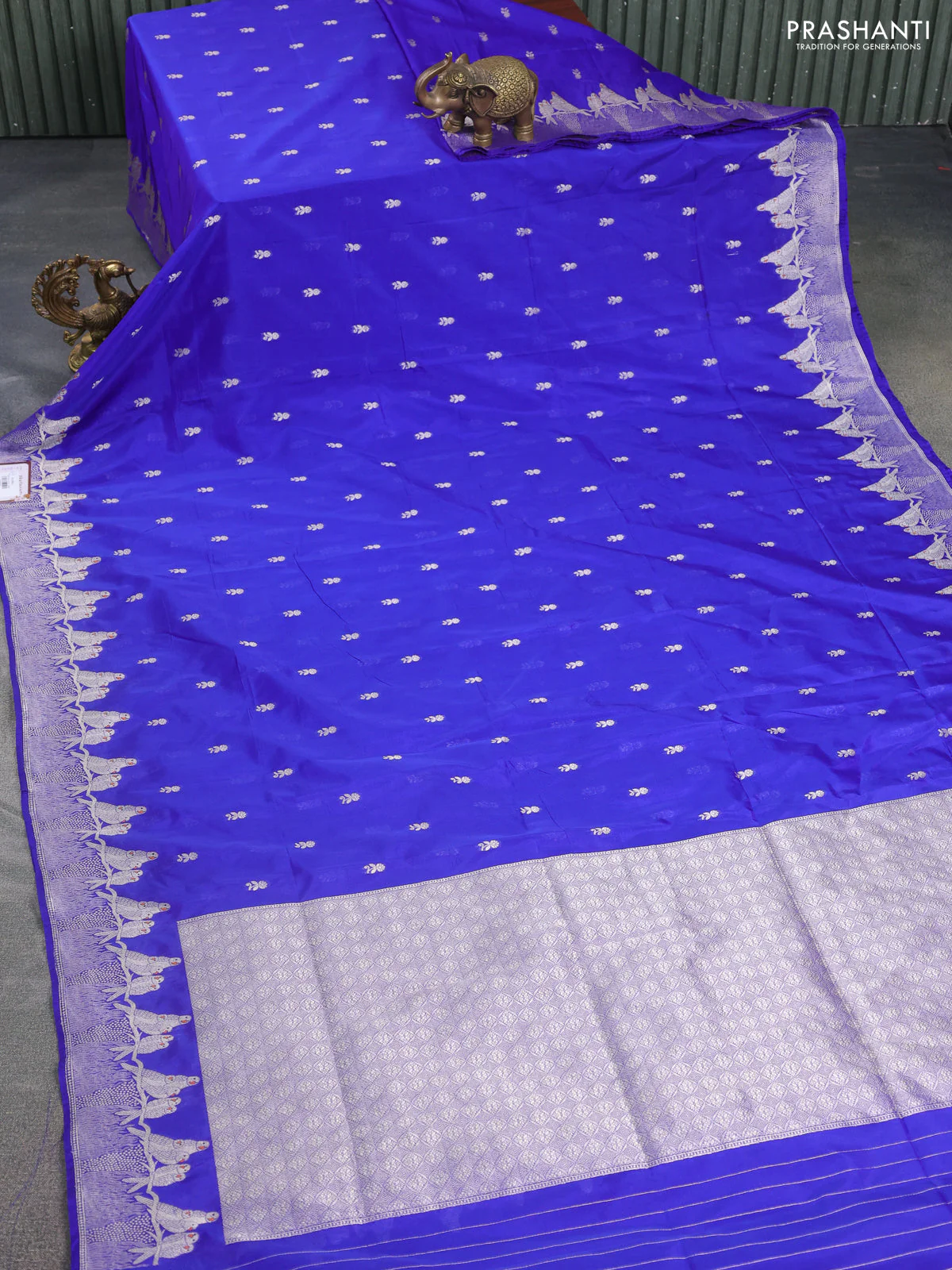 Banarasi semi katan silk saree royal blue with allover zari woven buttas and parrot design zari woven border - Image 2