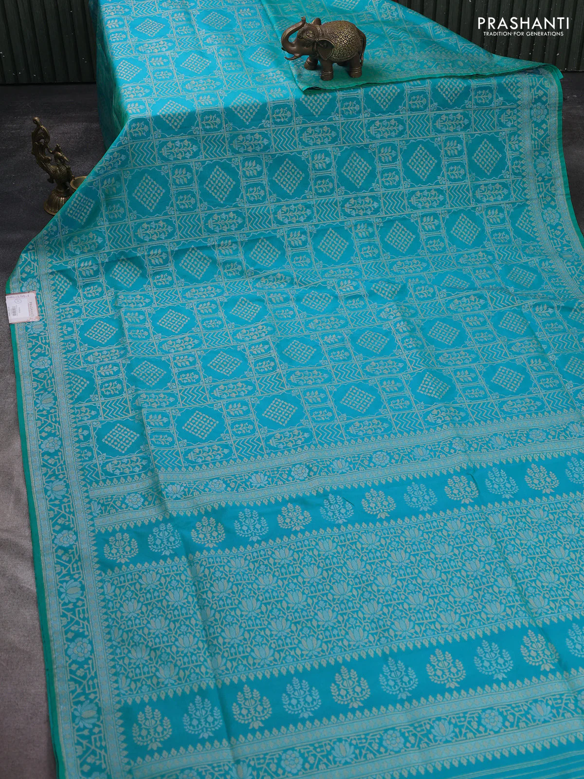Banarasi semi katan silk saree teal blue with allover silver & gold zari woven buttas and zari woven border - Image 2