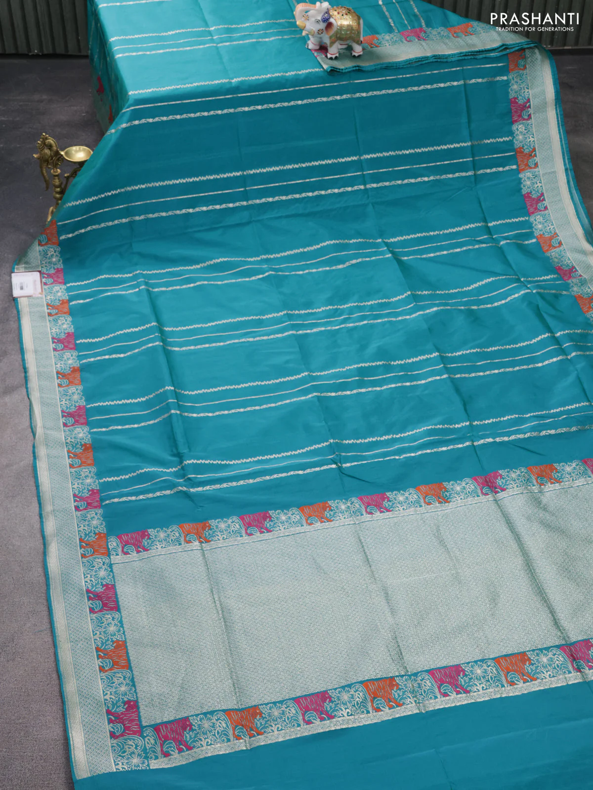 Banarasi semi katan silk saree teal blue with allover zari weaves and rich zari woven border - Image 2