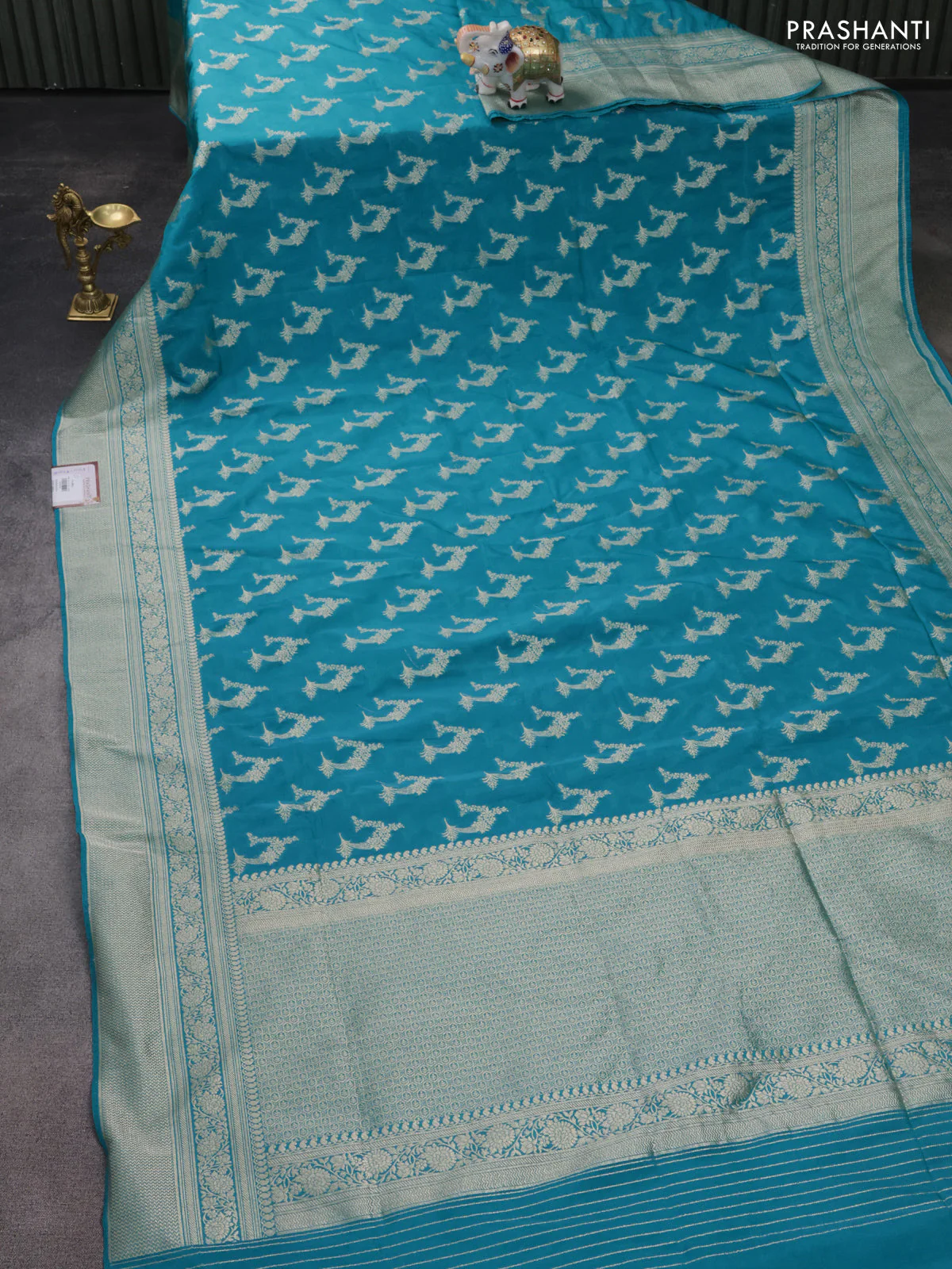 Banarasi semi katan silk saree teal blue with zari woven buttas and zari woven border - Image 2
