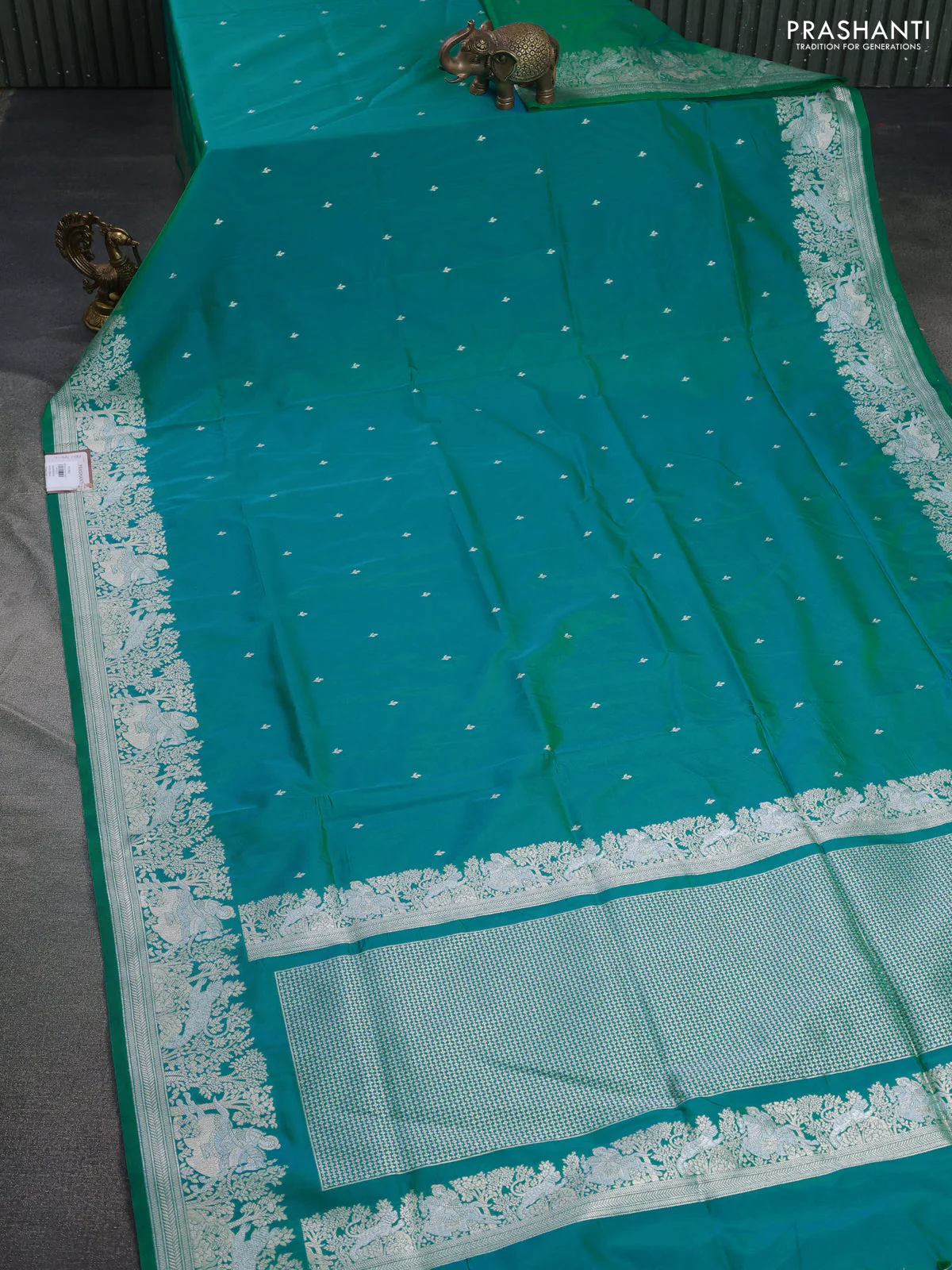 Banarasi semi katan silk saree teal bluish green with silver zari woven buttas and rich zari woven border - Image 2