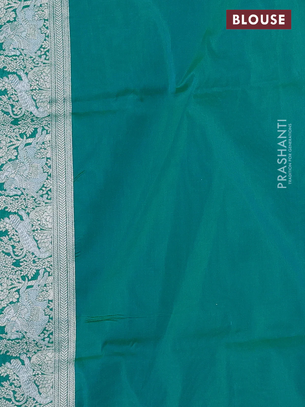 Banarasi semi katan silk saree teal bluish green with silver zari woven buttas and rich zari woven border - Image 3
