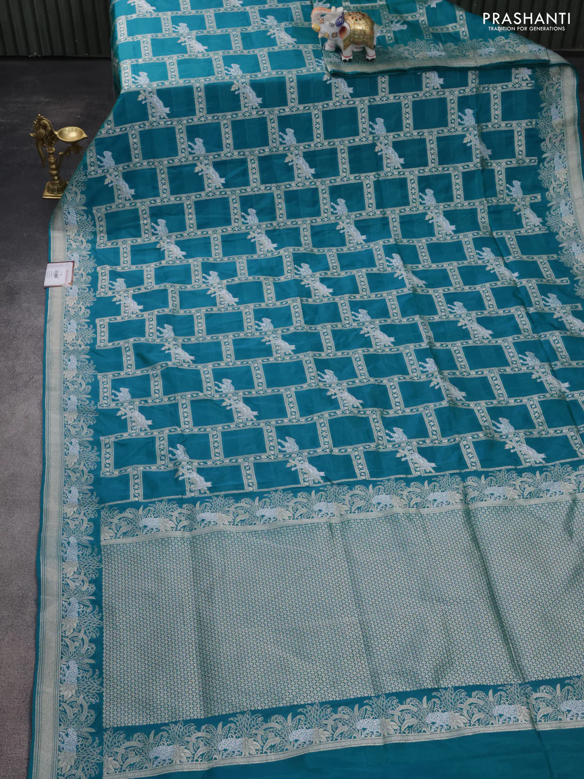 Banarasi semi katan silk saree teal green shade with allover silver & gold zari weaves and zari woven border - Image 2