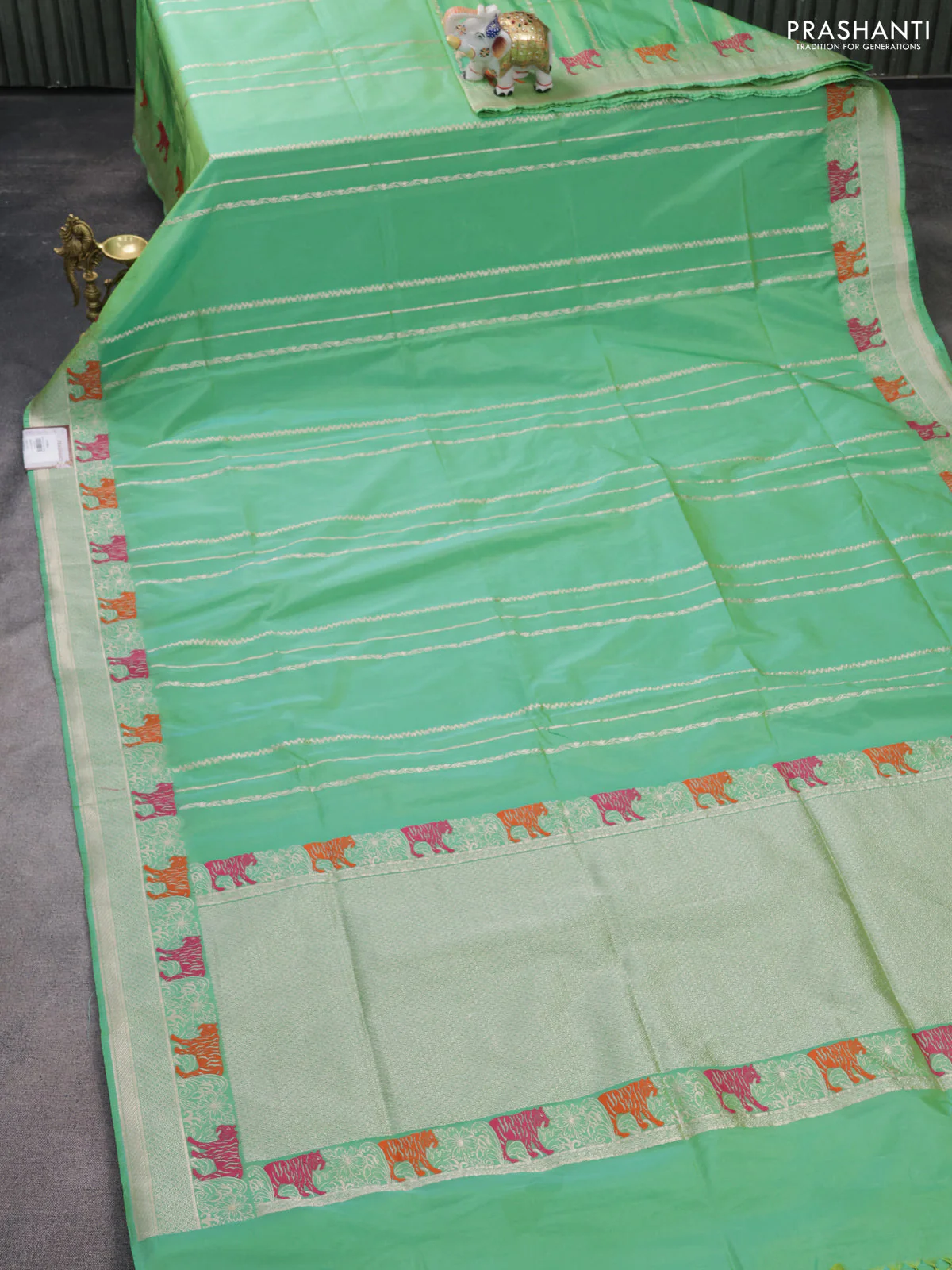 Banarasi semi katan silk saree teal green shade with allover zari weaves and rich zari woven border - Image 2