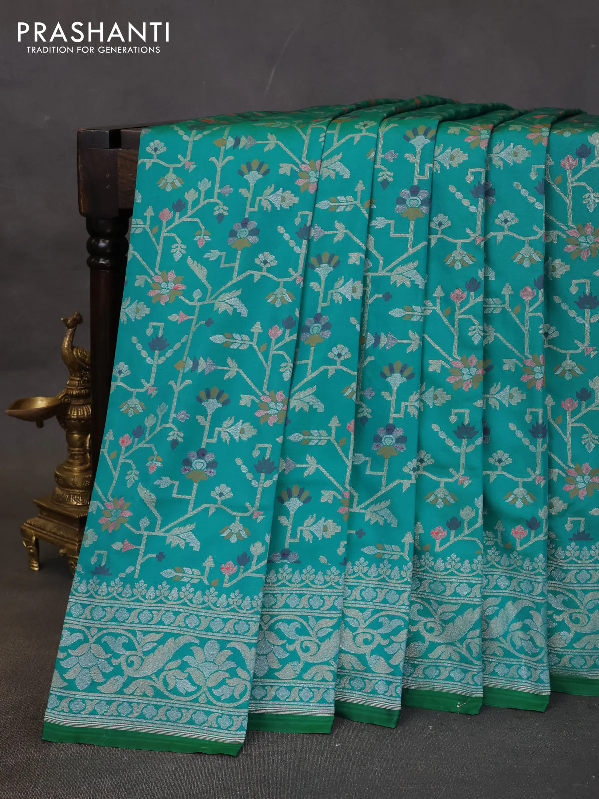 Banarasi semi katan silk saree teal green with allover jamdhani weaves and zari woven border