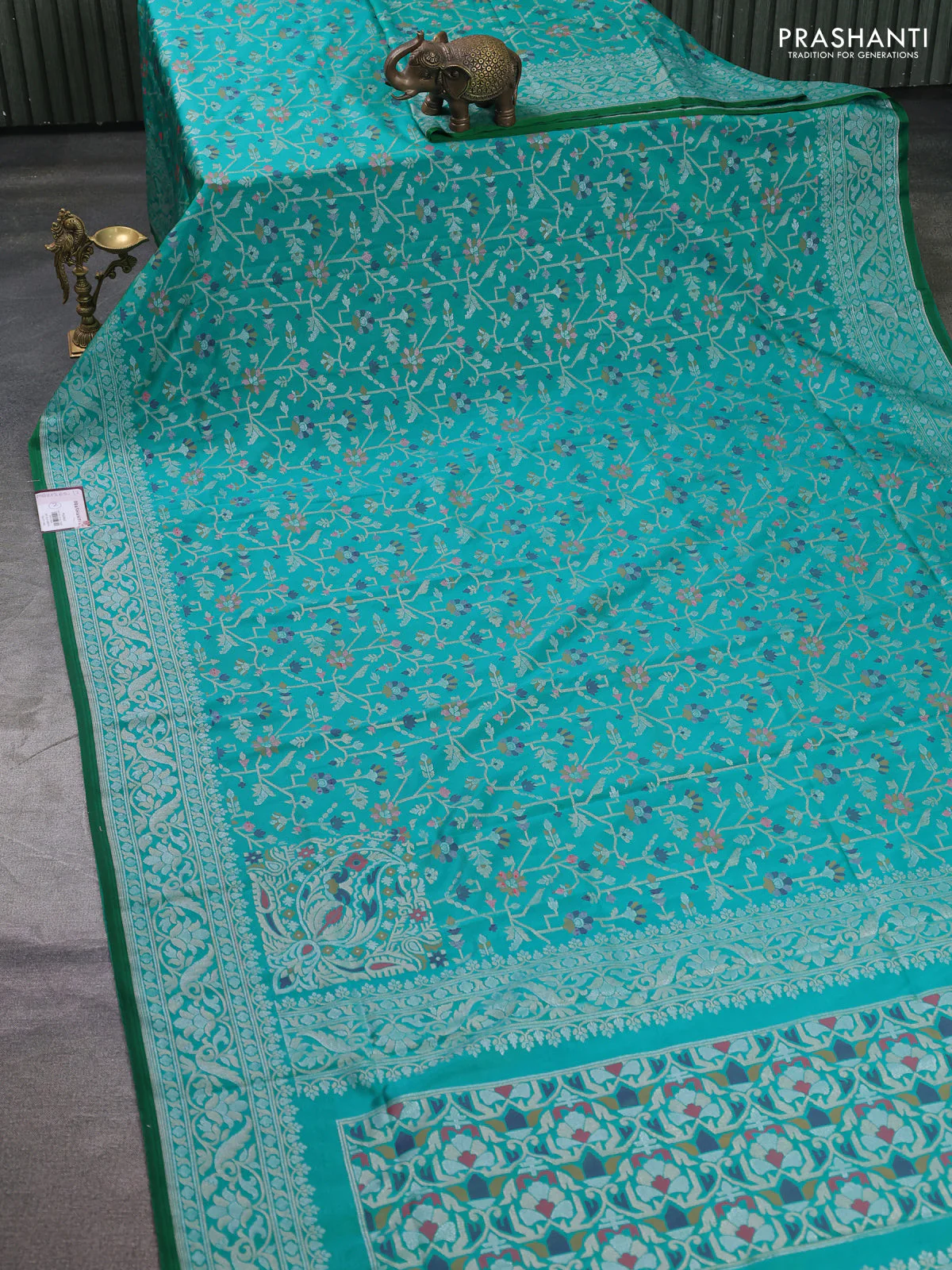 Banarasi semi katan silk saree teal green with allover jamdhani weaves and zari woven border - Image 2