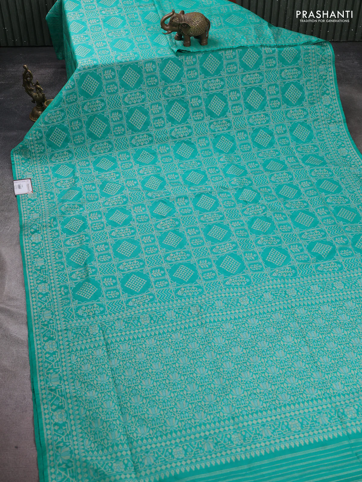 Banarasi semi katan silk saree teal green with allover silver & gold zari woven buttas and zari woven border - Image 2