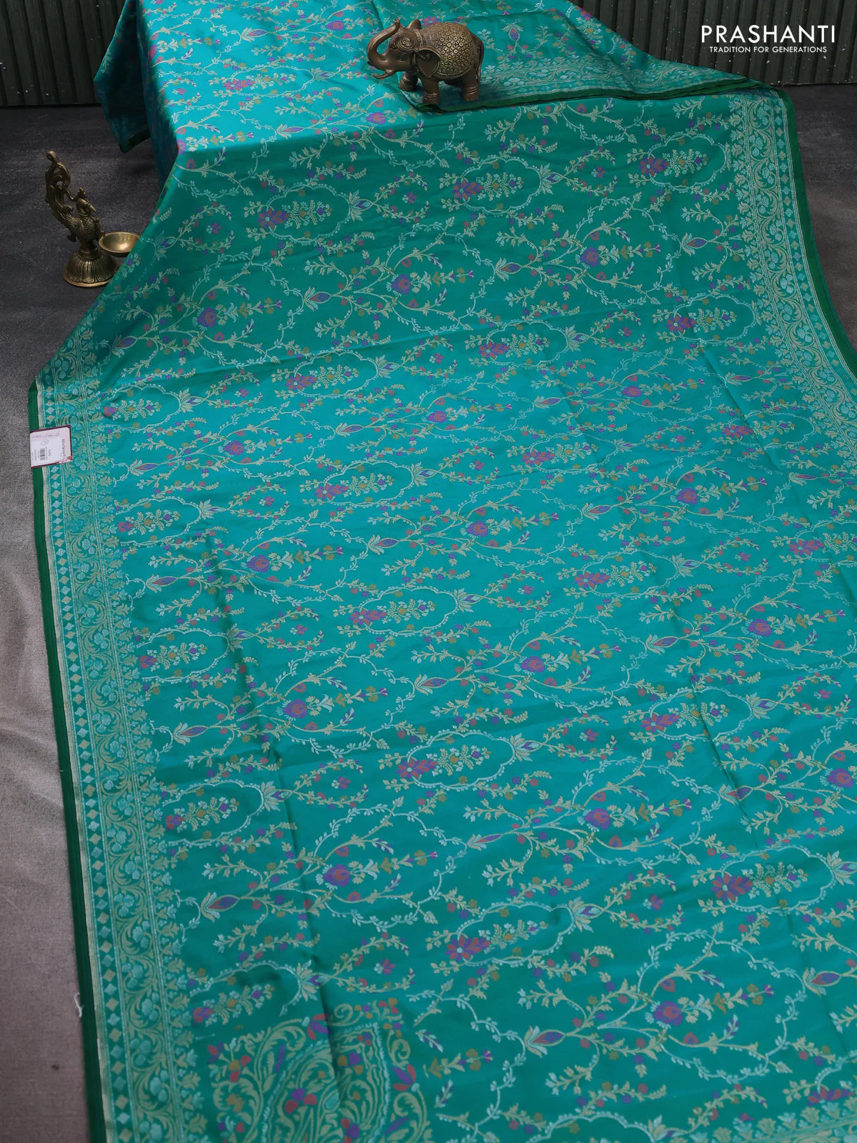 Banarasi semi katan silk saree teal green with allover silver & zari weaves and zari woven border - Image 2