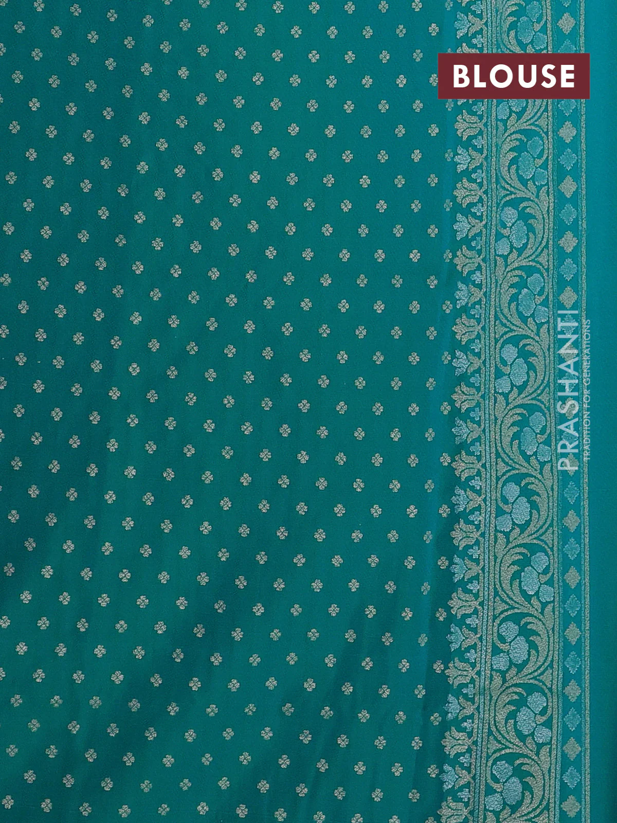 Banarasi semi katan silk saree teal green with allover silver & zari weaves and zari woven border - Image 3
