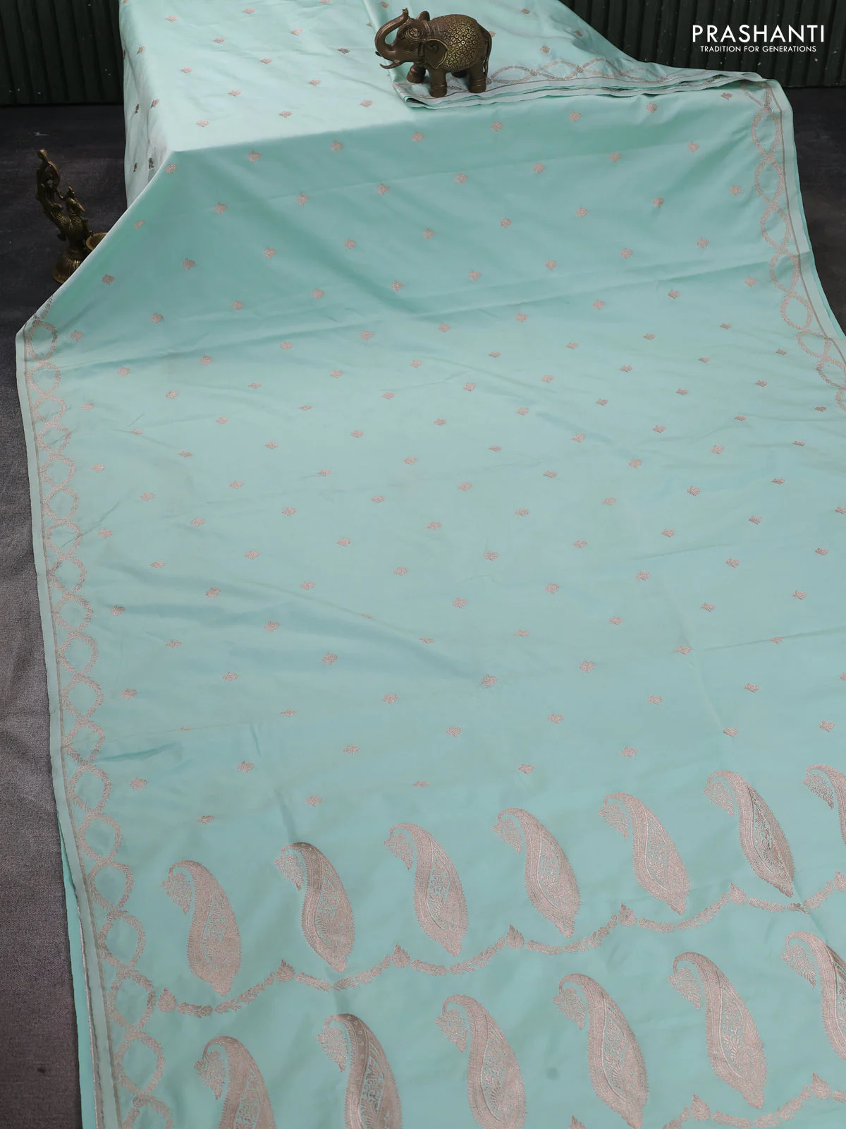 Banarasi semi katan silk saree teal green with allover zari woven buttas and zai woven border - Image 2