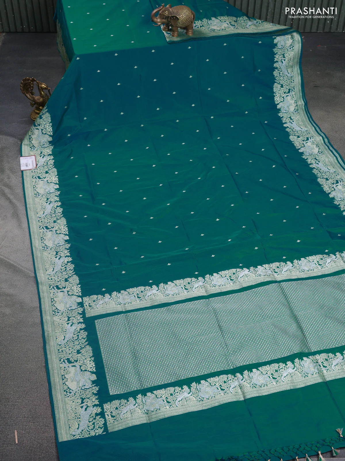 Banarasi semi katan silk saree teal green with silver zari woven buttas and rich zari woven border - Image 2