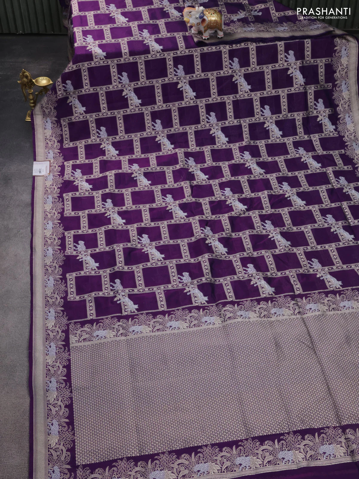 Banarasi semi katan silk saree violet with allover silver & gold zari weaves and zari woven border - Image 2