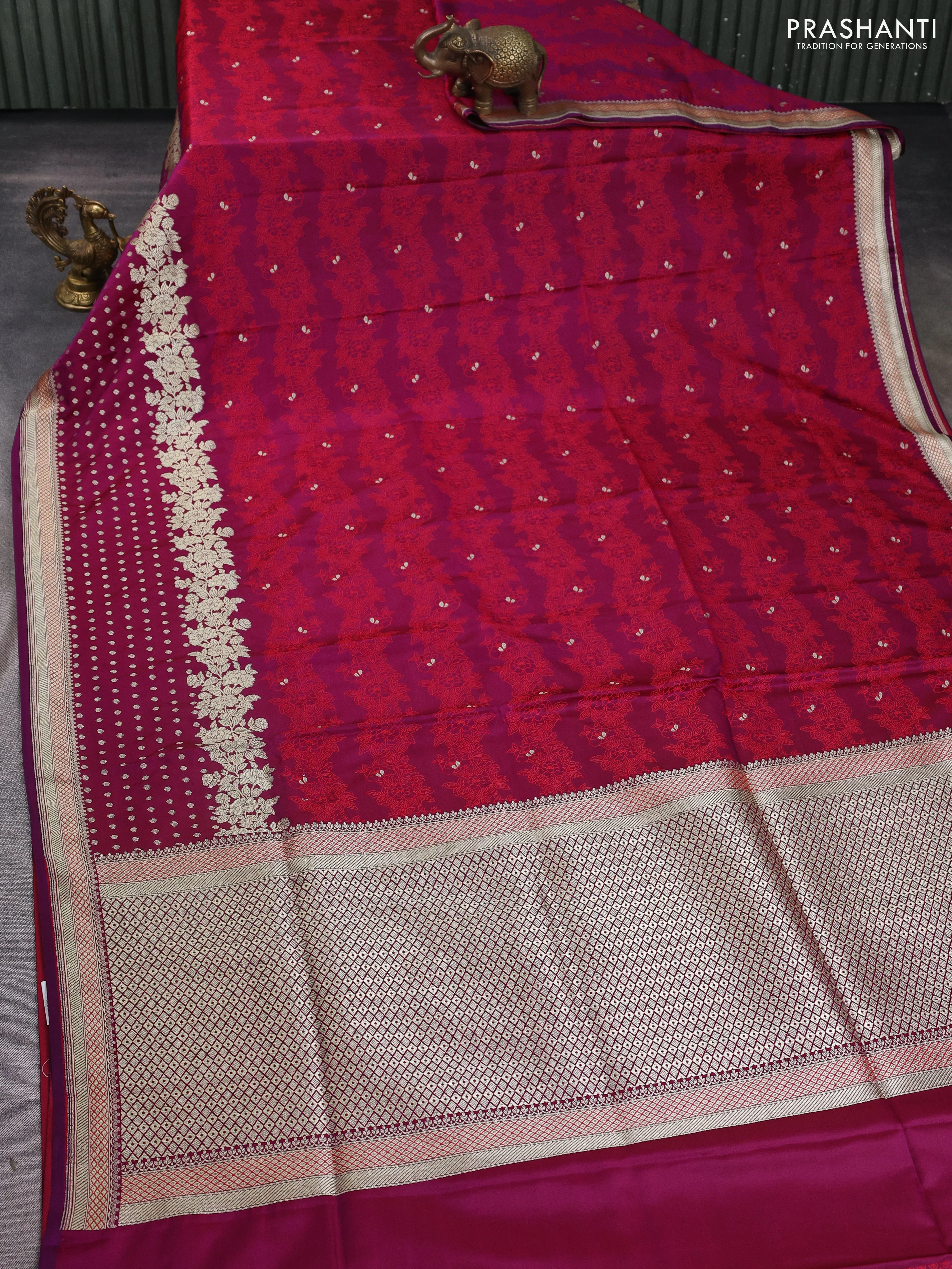 Banarasi semi katan silk saree wine shade and red with allover floral self emboss & zari woven buttas and zari woven border - Image 2