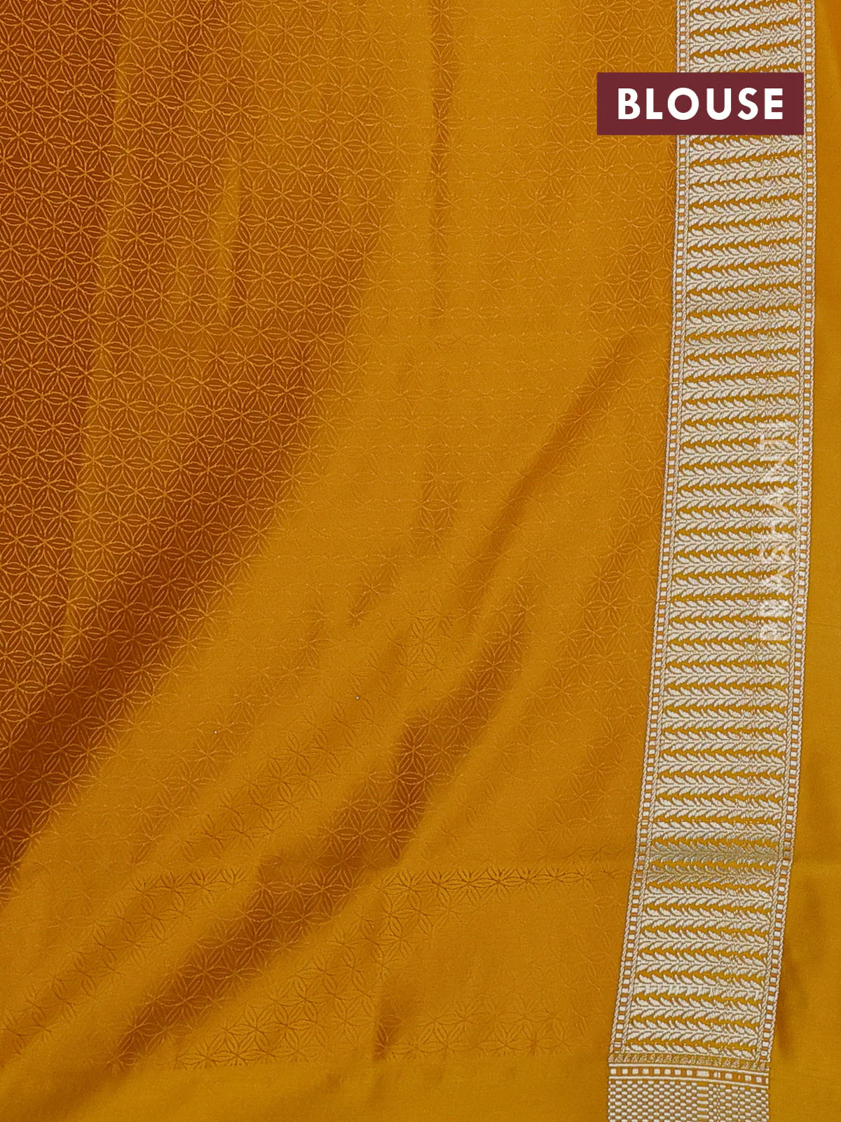 Banarasi semi katan silk saree yellow with allover floral self emboss and zari woven border - Image 3